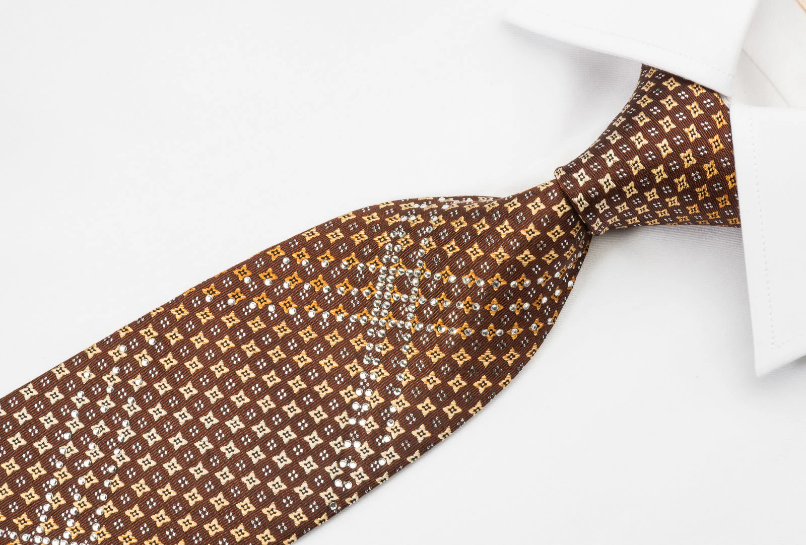 Metro City Rhinestone Necktie Golden Foulard Design On Brown With Silver Sparkles - Image 2