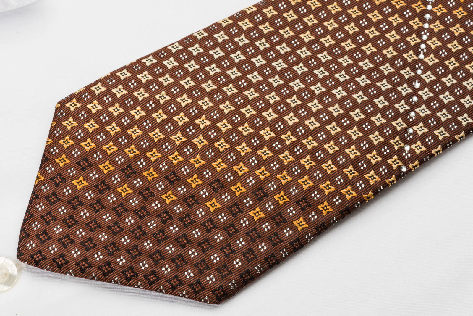 Metro City Rhinestone Necktie Golden Foulard Design On Brown With Silver Sparkles - Image 6