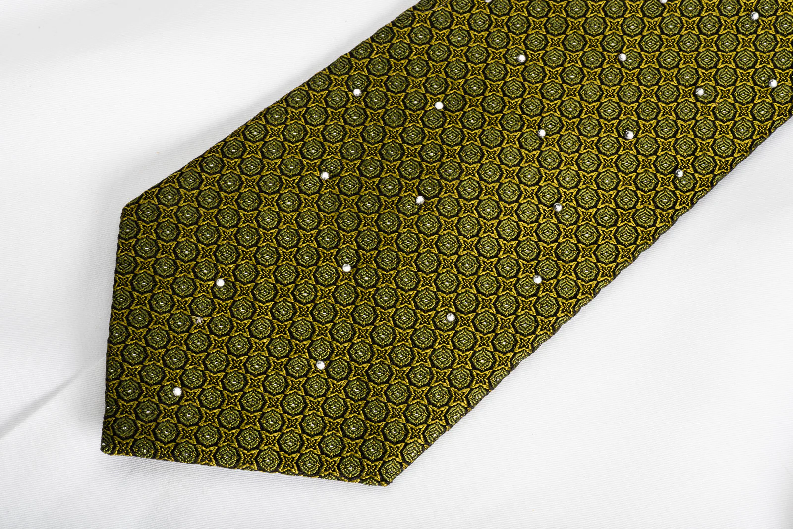 Metro City Rhinestone Silk Necktie Dots On Olive Green With Silver Sparkles - Image 5