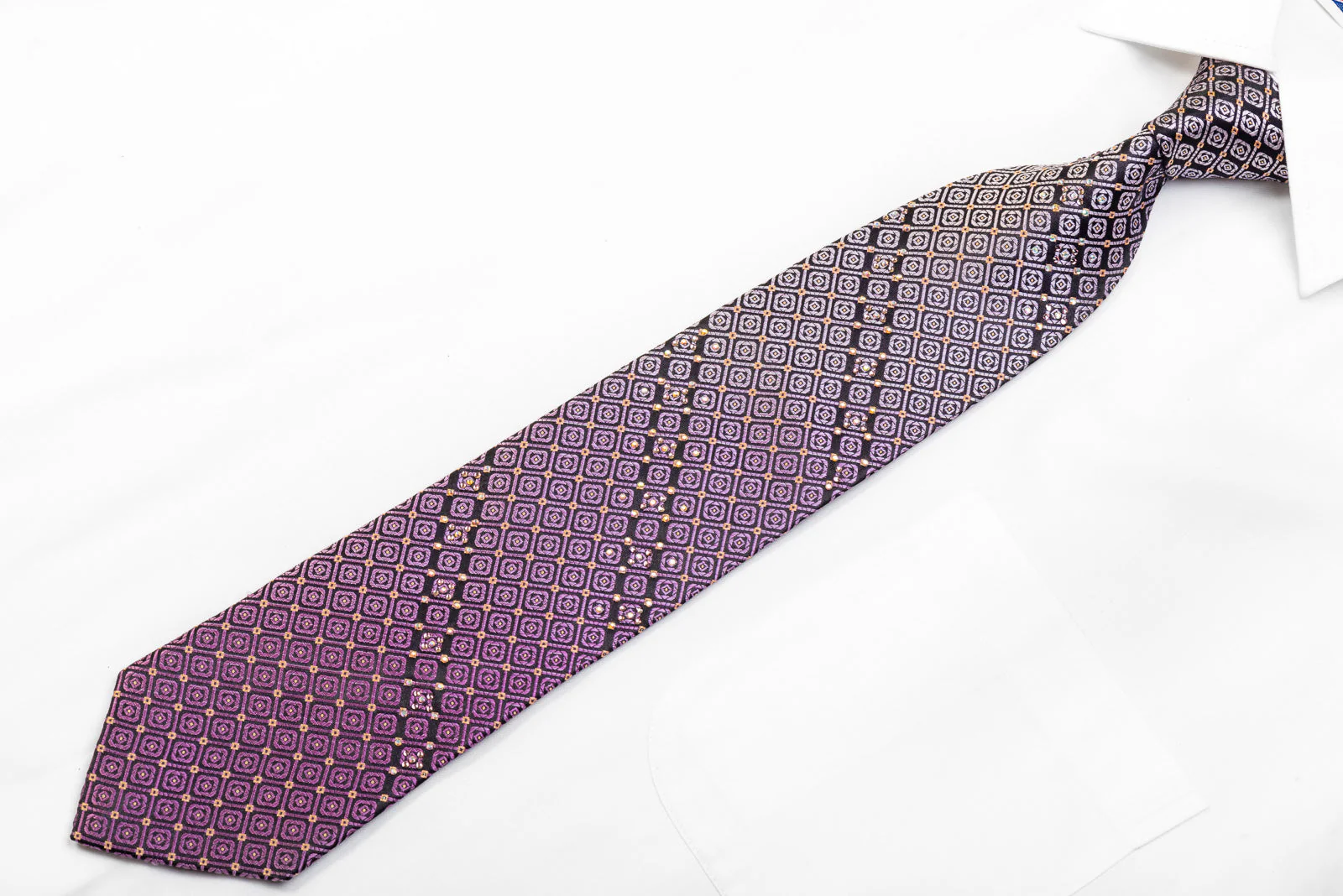 Metro City Rhinestone Silk Necktie Geometric On Purple - Image 3