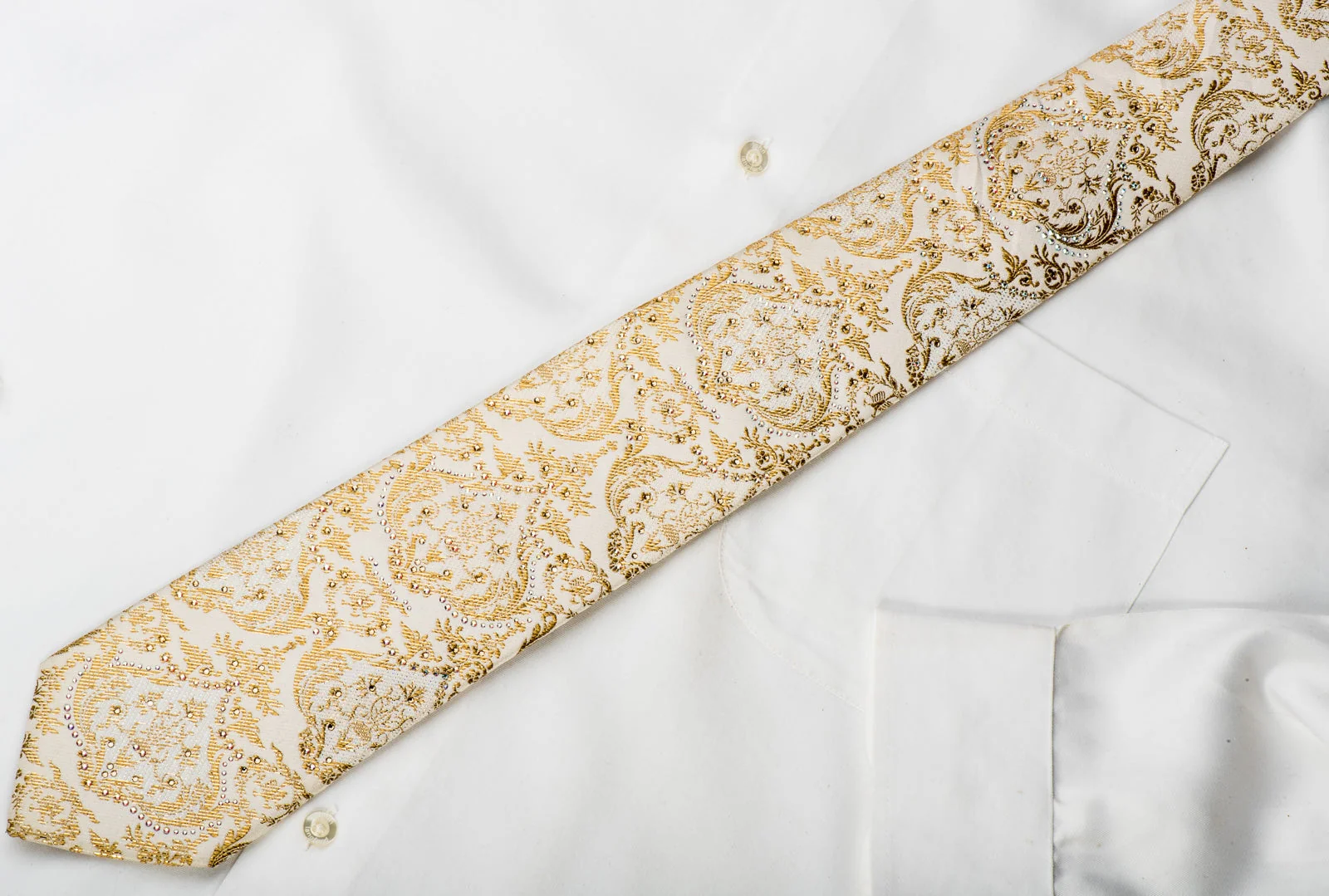 Metro City Rhinestone Silk Necktie Gold Damask On Ivory With Gold Sparkles - Image 4