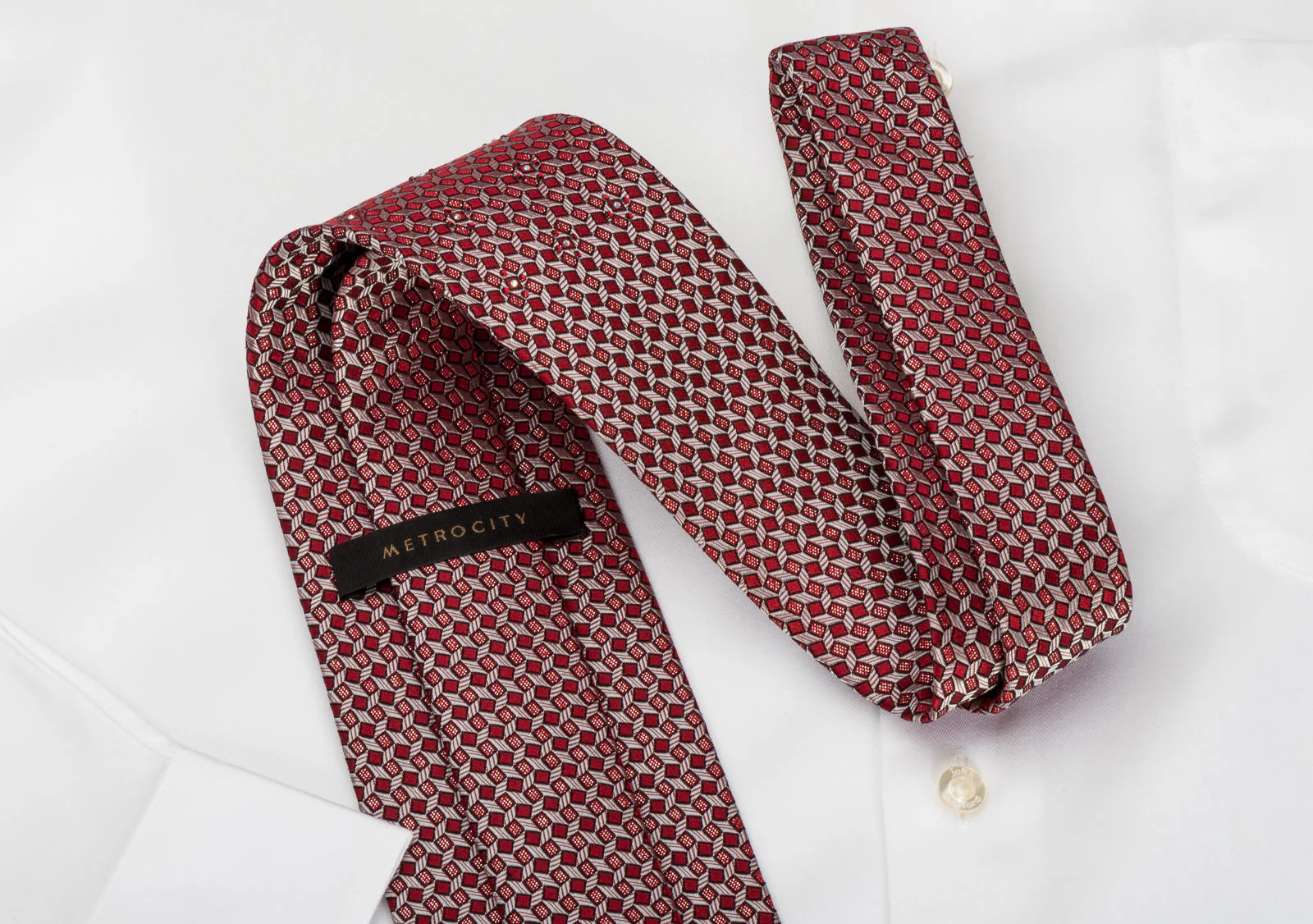 Metro City Rhinestone Silk Necktie Silver Trellis On Burgundy With Silver Sparkles - Image 4