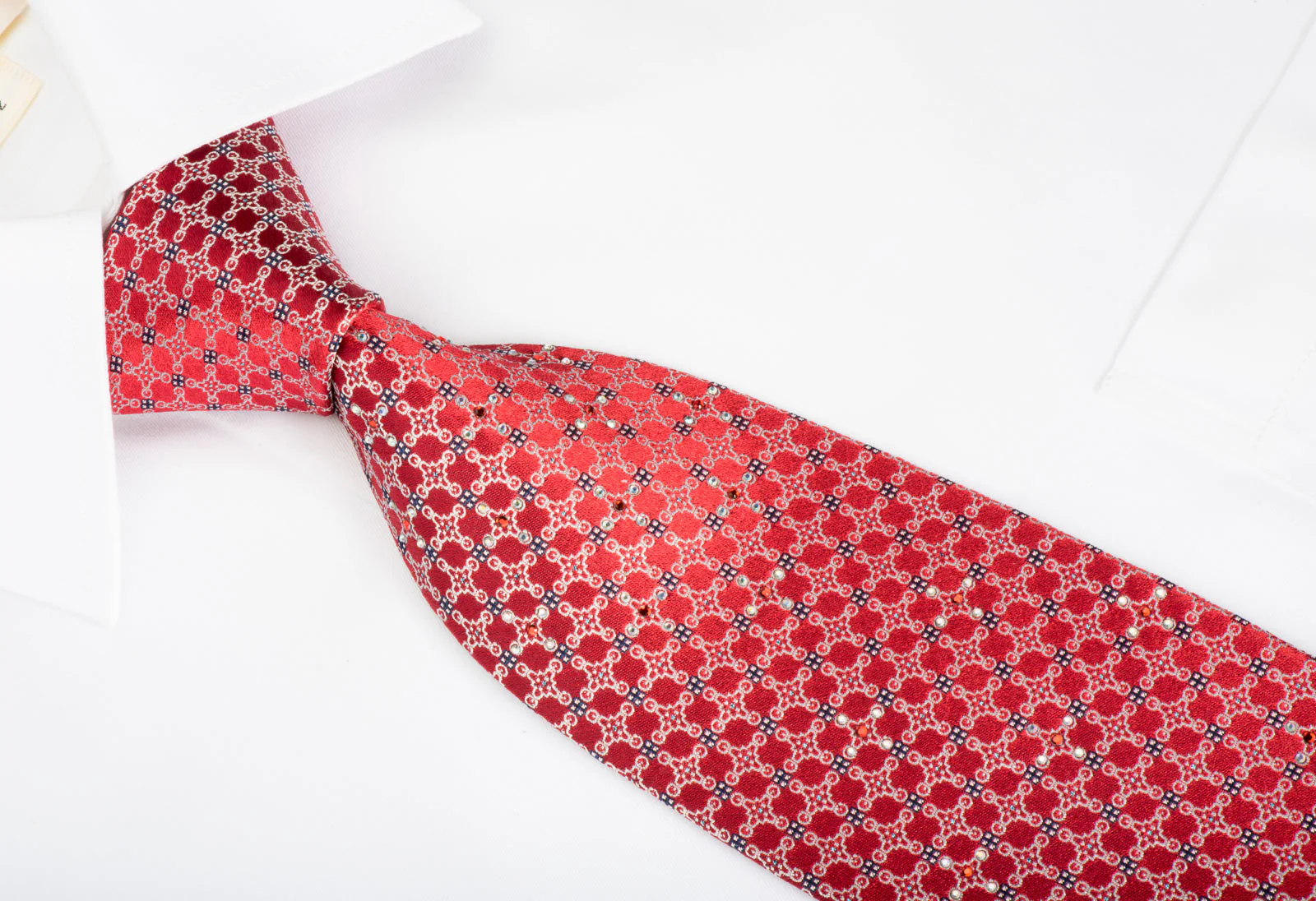 Metro City Rhinestone Silk Necktie Silver Trellis On Red With Blue Sparkles - Image 4