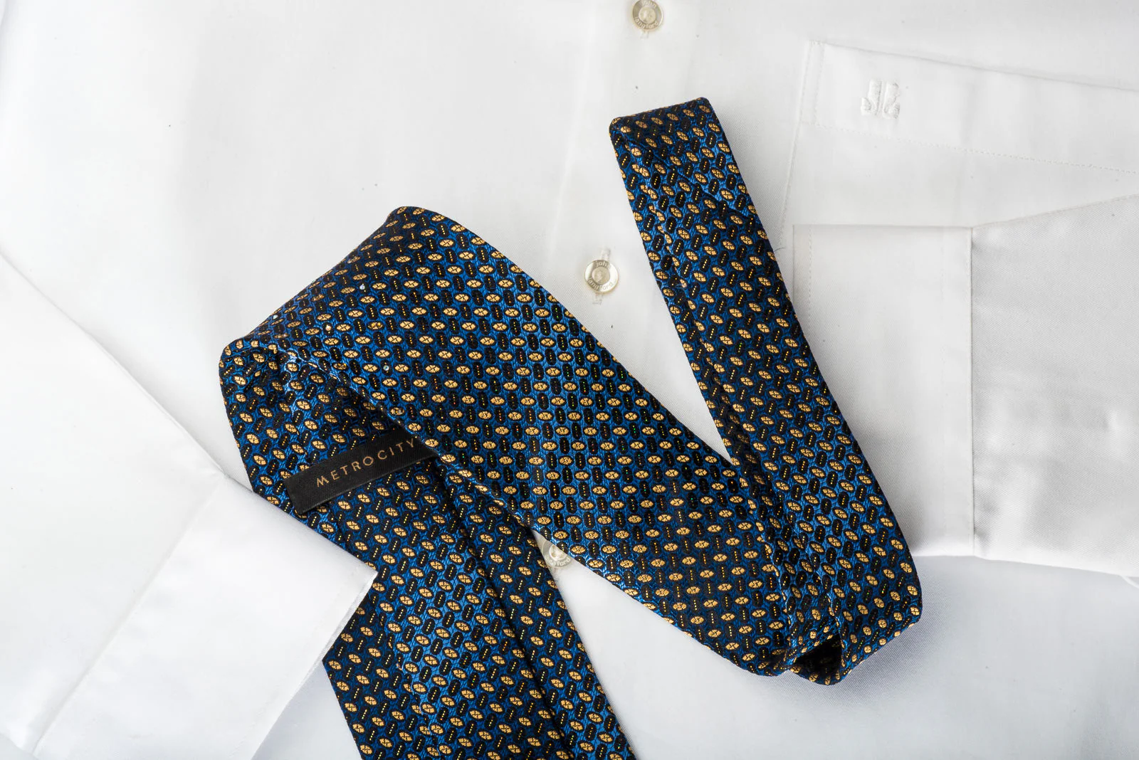 Metro City Rhinestone Silk Necktie Yellow Geometric Dots On Blue With Silver Sparkles - Image 5