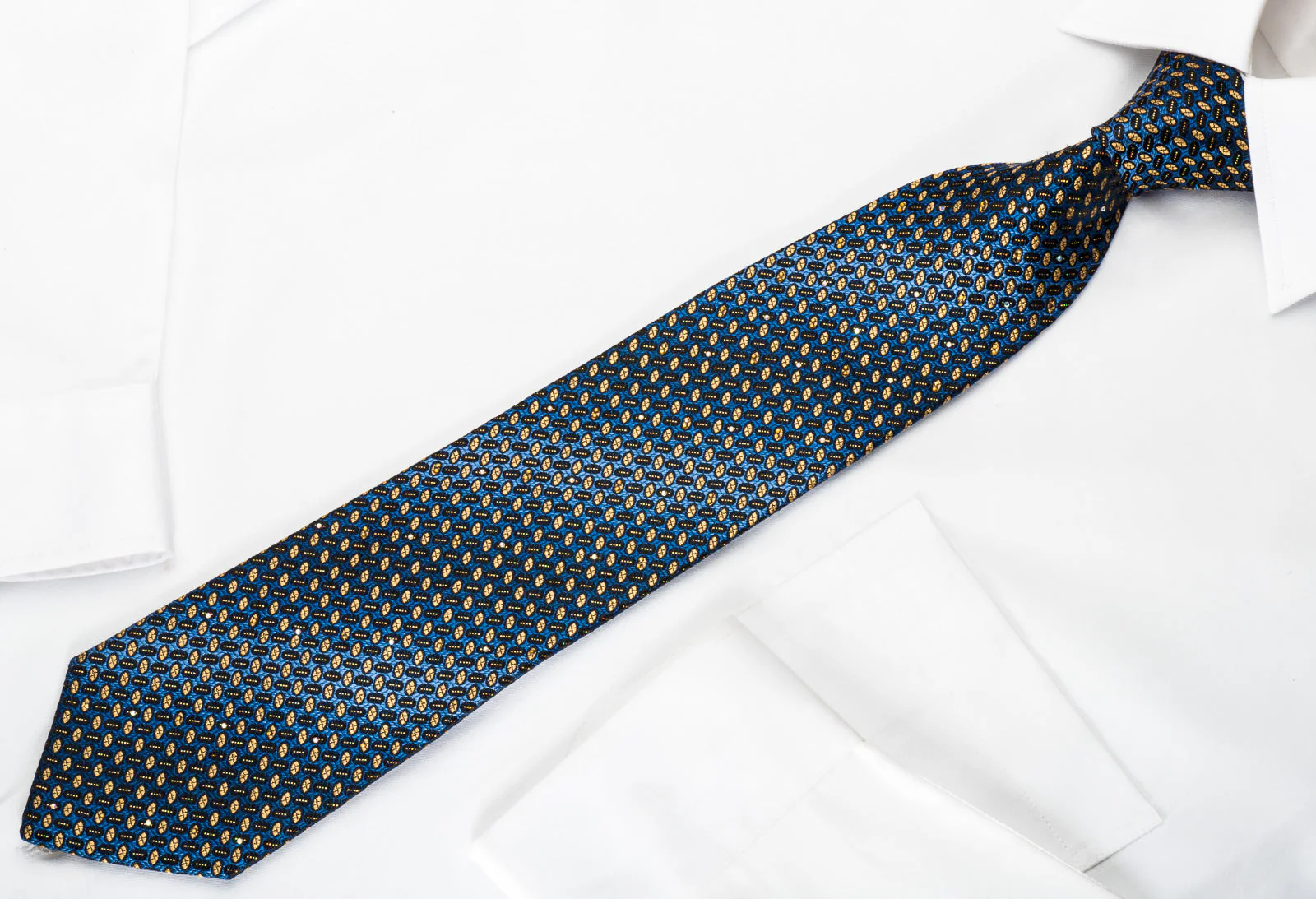 Metro City Rhinestone Silk Necktie Yellow Geometric Dots On Blue With Silver Sparkles - Image 7
