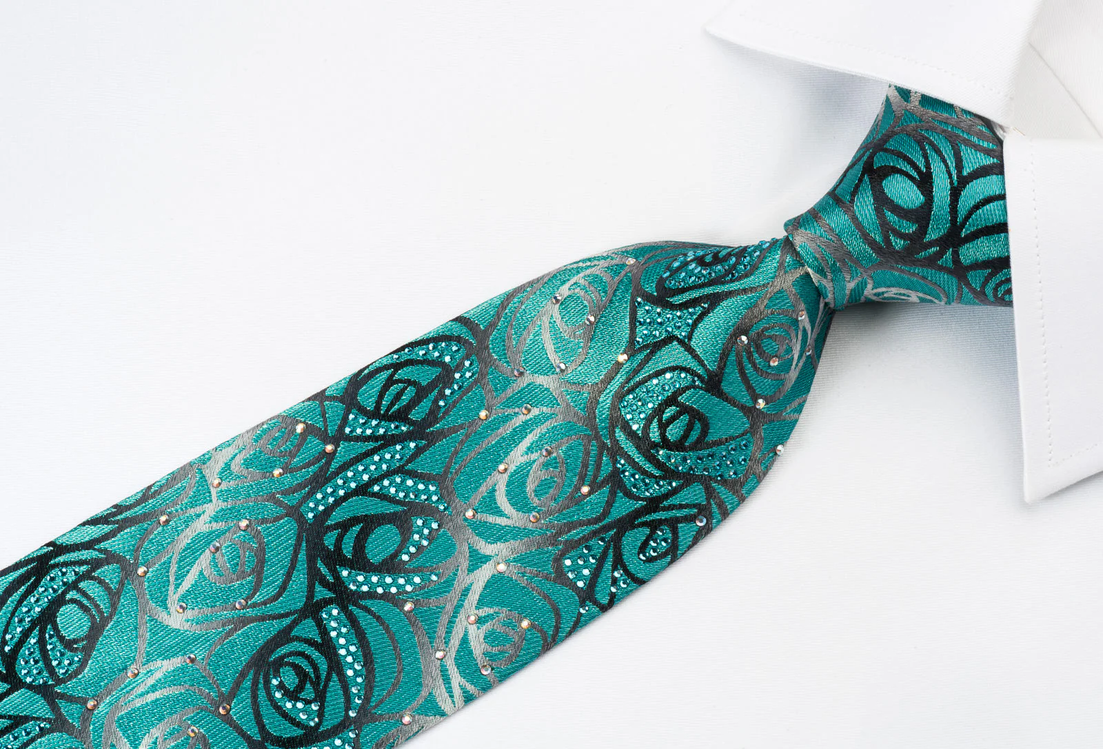 Metro City Rhinestone Silk Tie Abstract Floral On Turquoise Design - Image 4