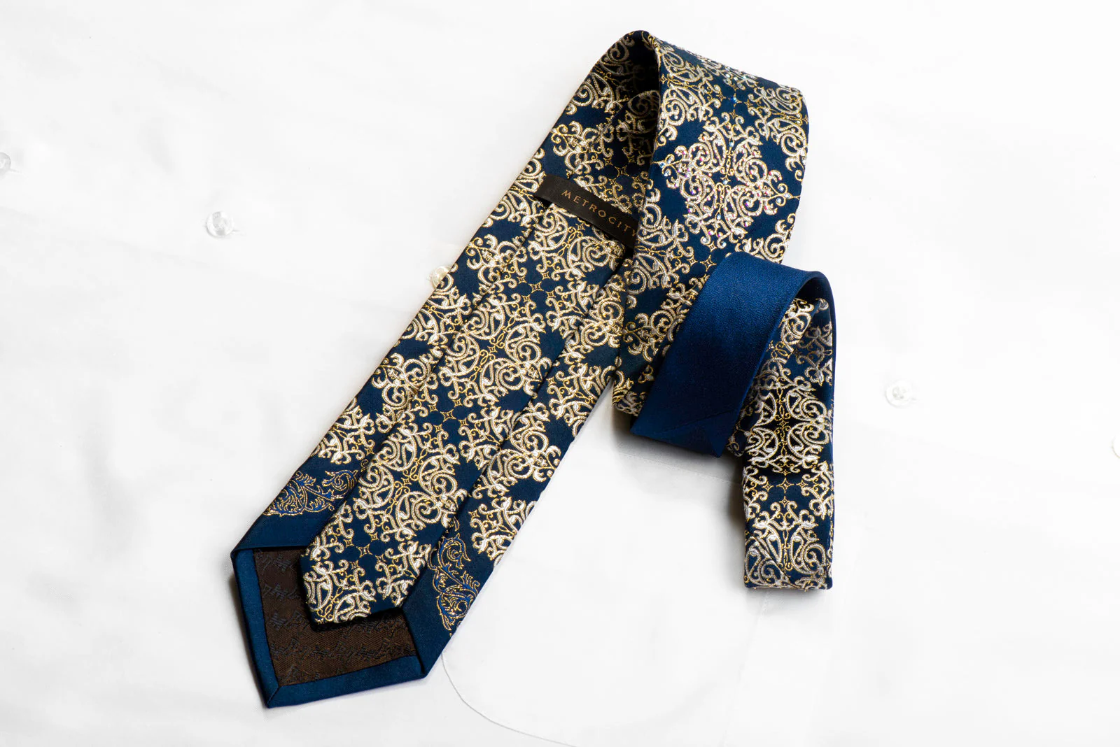 Metro City Rhinestone Silk Tie Gold Damask On Navy Blue With Sparkles - Image 5