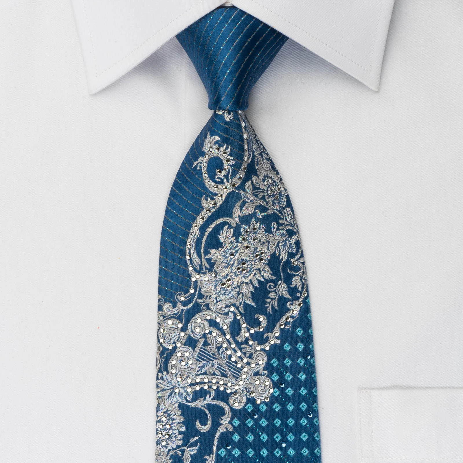 Metro City Rhinestone Tie Silver Scrolls On Blue With Silver Sparkles