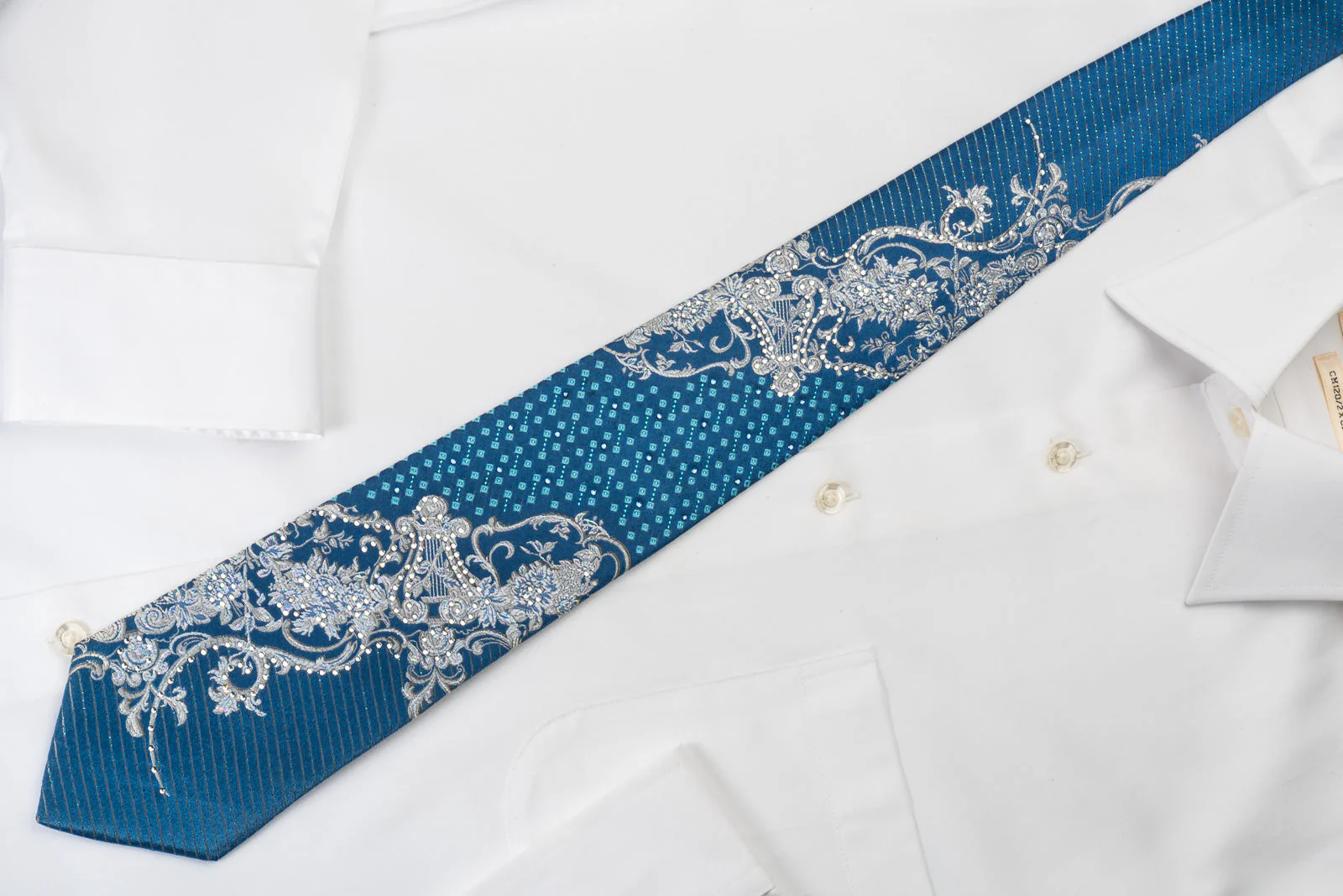 Metro City Rhinestone Tie Silver Scrolls On Blue With Silver Sparkles - Image 2