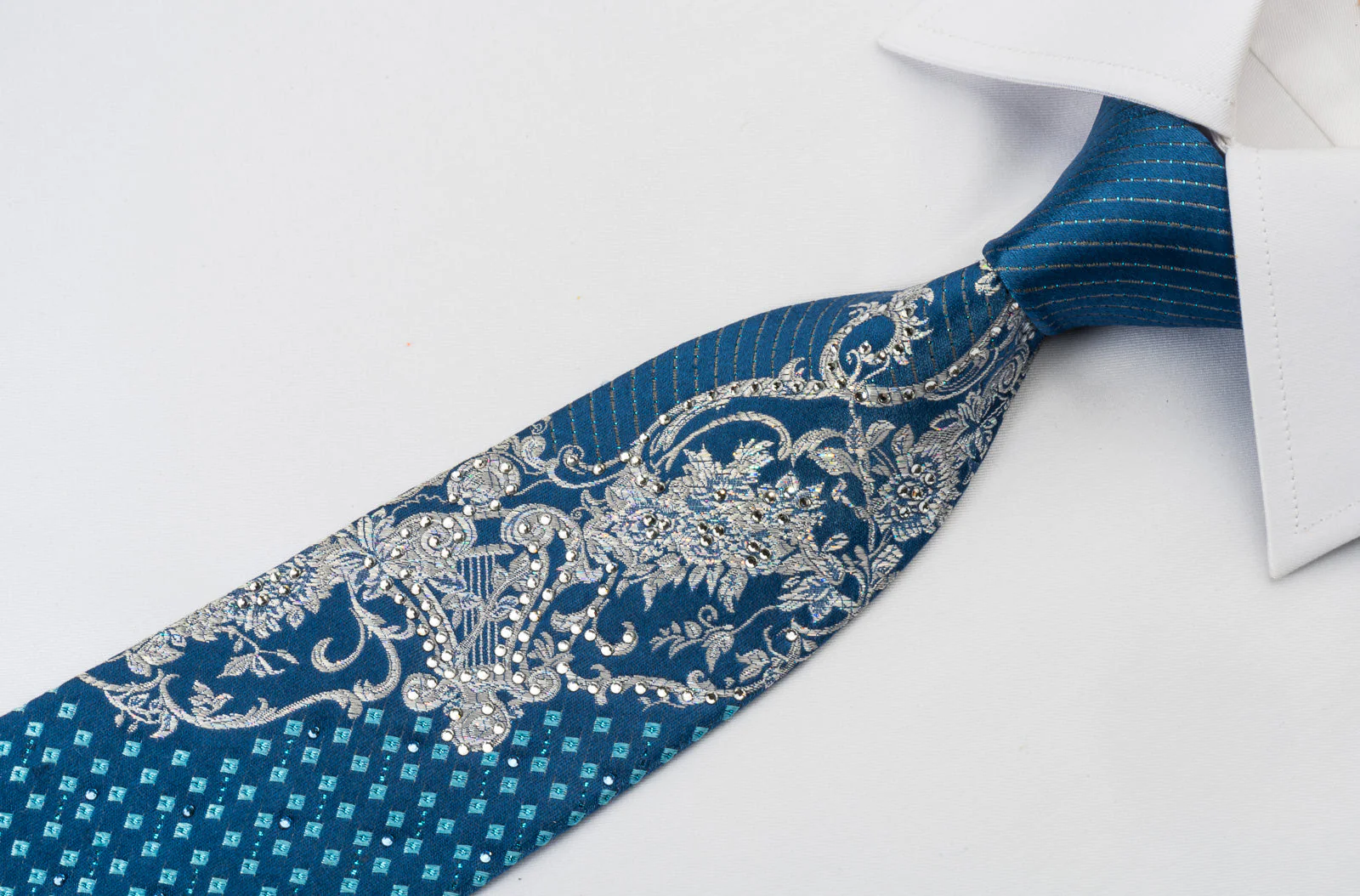 Metro City Rhinestone Tie Silver Scrolls On Blue With Silver Sparkles - Image 5