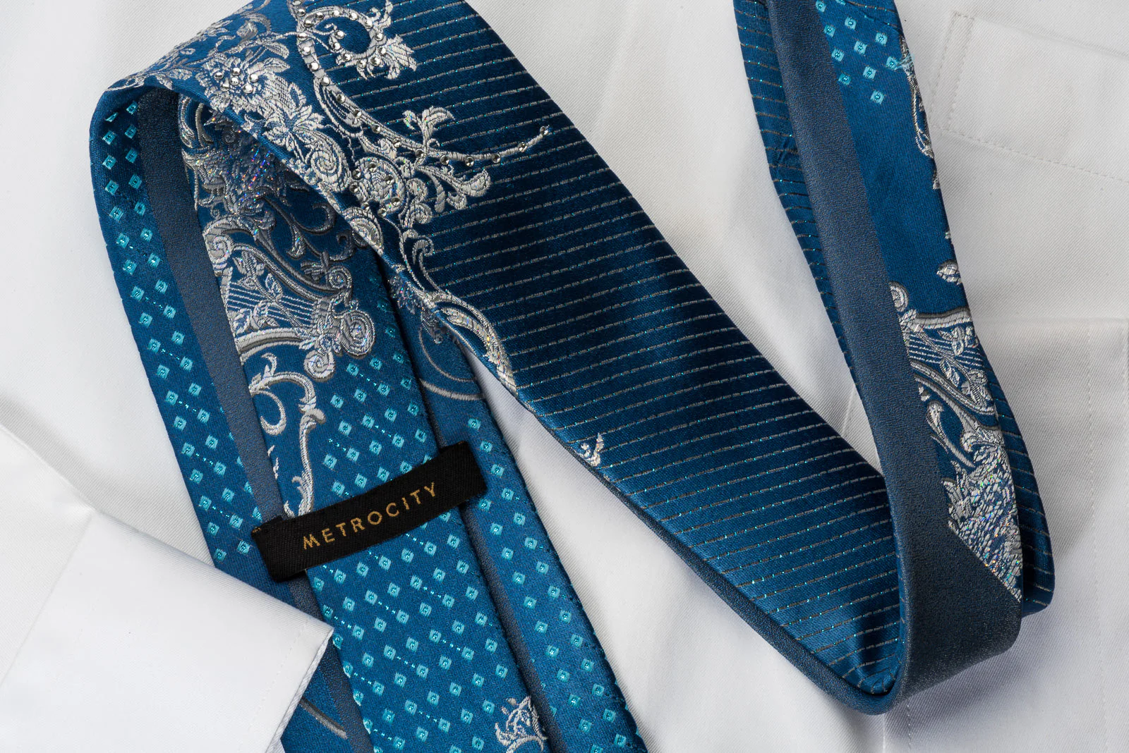 Metro City Rhinestone Tie Silver Scrolls On Blue With Silver Sparkles - Image 6