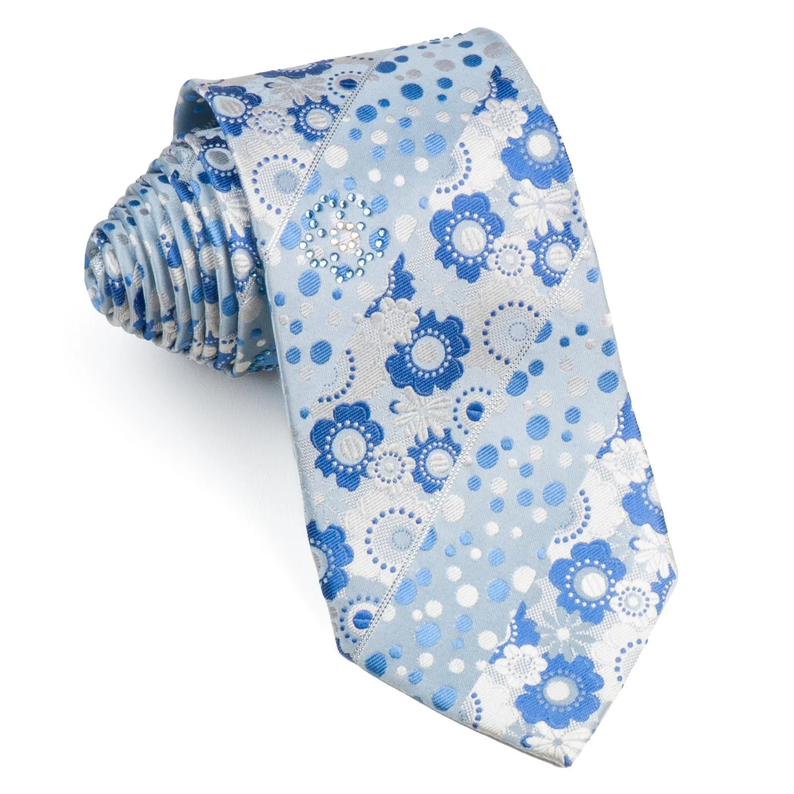 Metro City Silk Necktie Blue Floral Dots Design On Pale Blue With Rhinestones