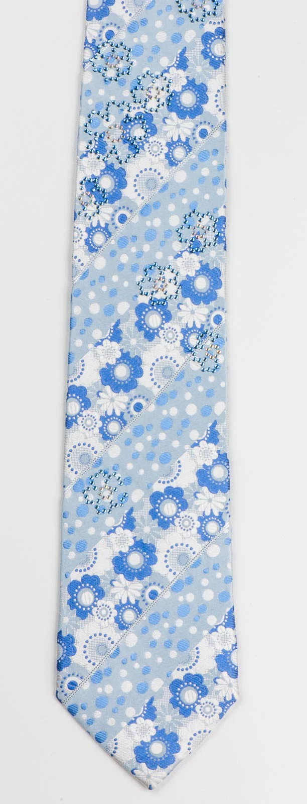 Metro City Silk Necktie Blue Floral Dots Design On Pale Blue With Rhinestones - Image 2