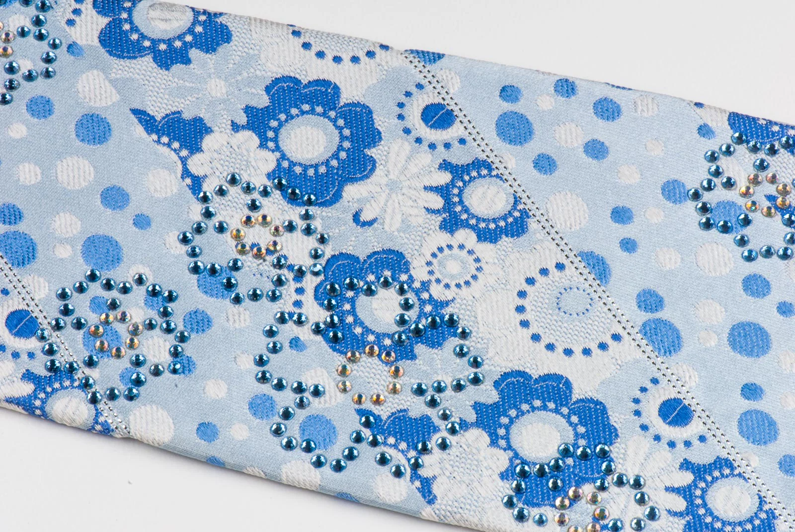 Metro City Silk Necktie Blue Floral Dots Design On Pale Blue With Rhinestones - Image 3