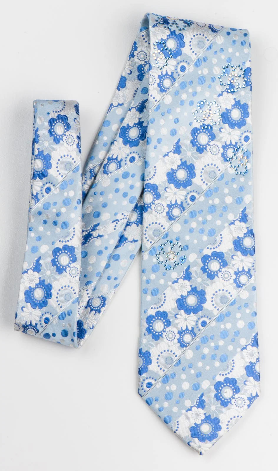 Metro City Silk Necktie Blue Floral Dots Design On Pale Blue With Rhinestones - Image 4