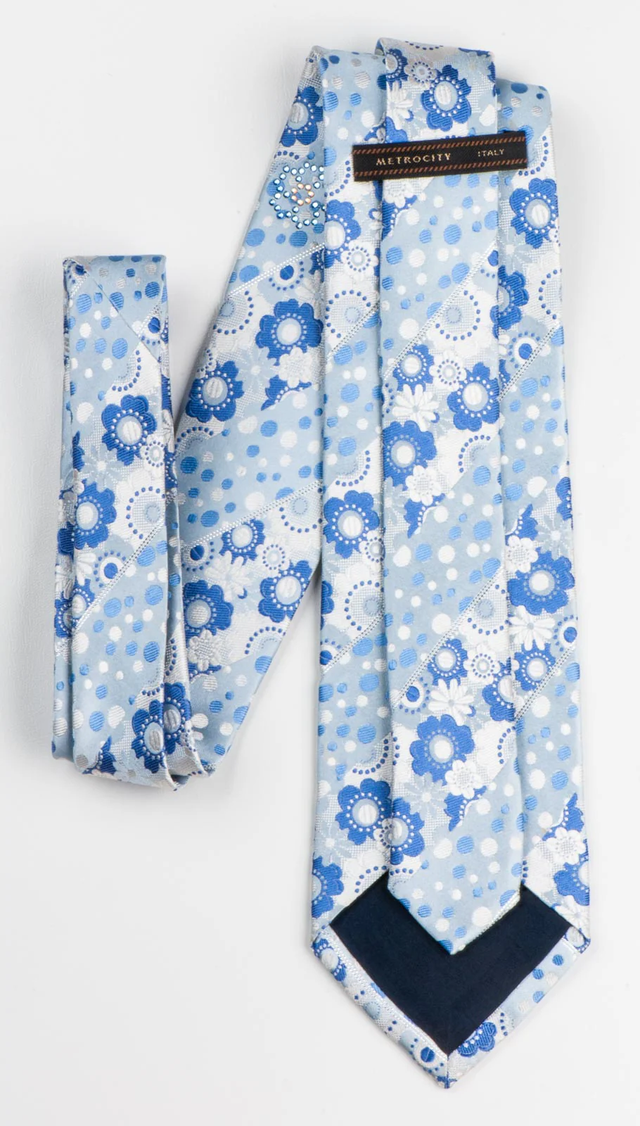 Metro City Silk Necktie Blue Floral Dots Design On Pale Blue With Rhinestones - Image 5