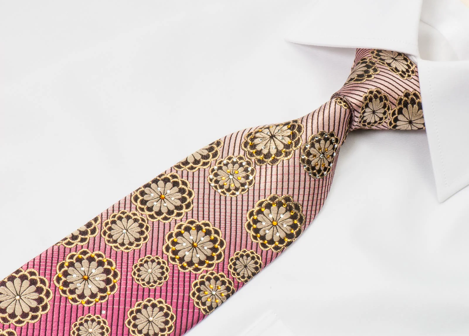 Metro City Silk Necktie Golden Floral On Purple With Rhinestones