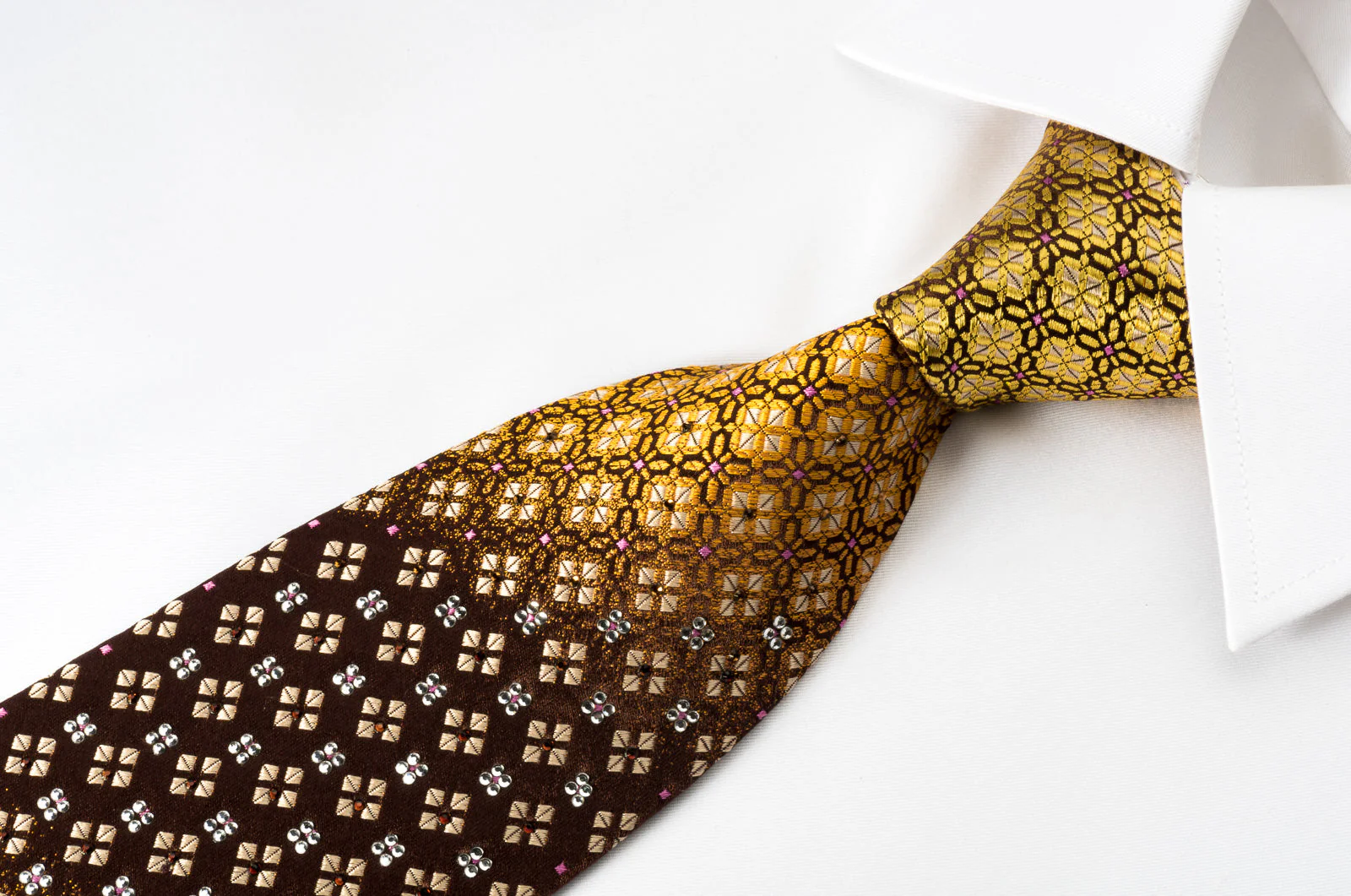 Metro City Silk Necktie Golden Yellow Geometric On Brown With Rhinestones - Image 3