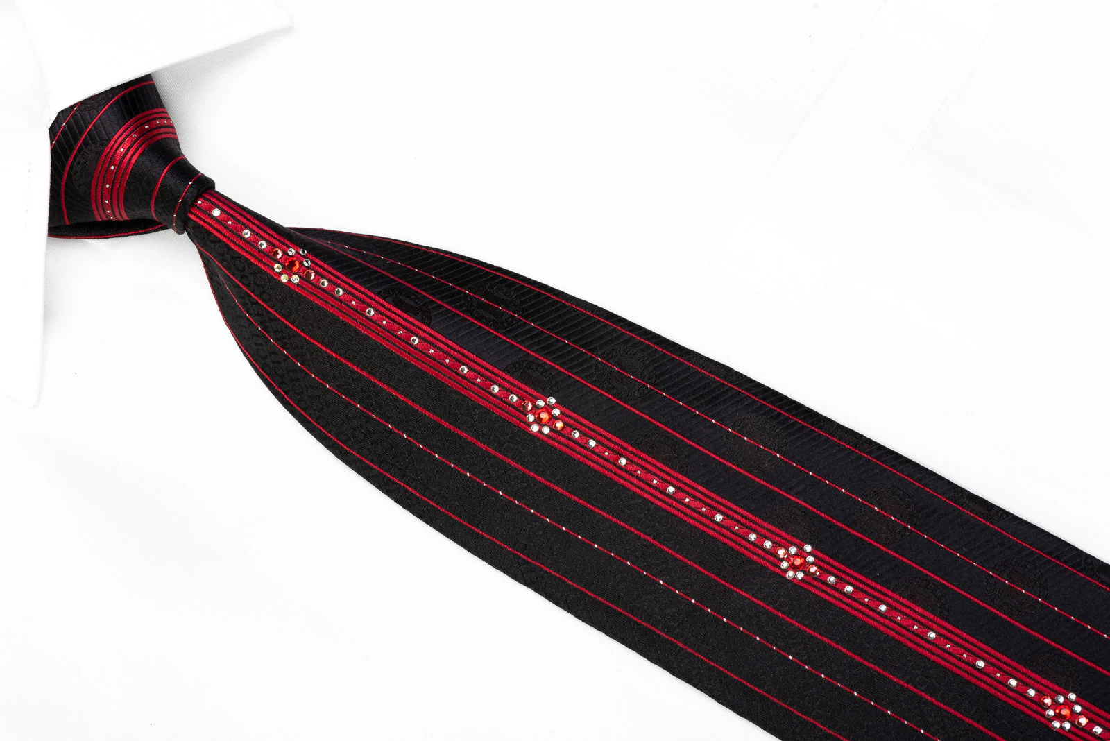 Metro City Silk Rhinestone Necktie Red Vertical Striped On Black With Sparkles - Image 2
