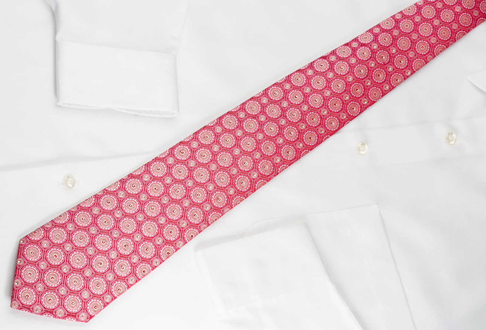 Metro City Silk Rhinestone Tie Medallions On Red With Silver Sparkles - Image 5