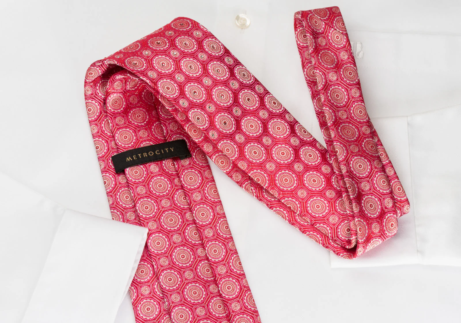 Metro City Silk Rhinestone Tie Medallions On Red With Silver Sparkles - Image 8