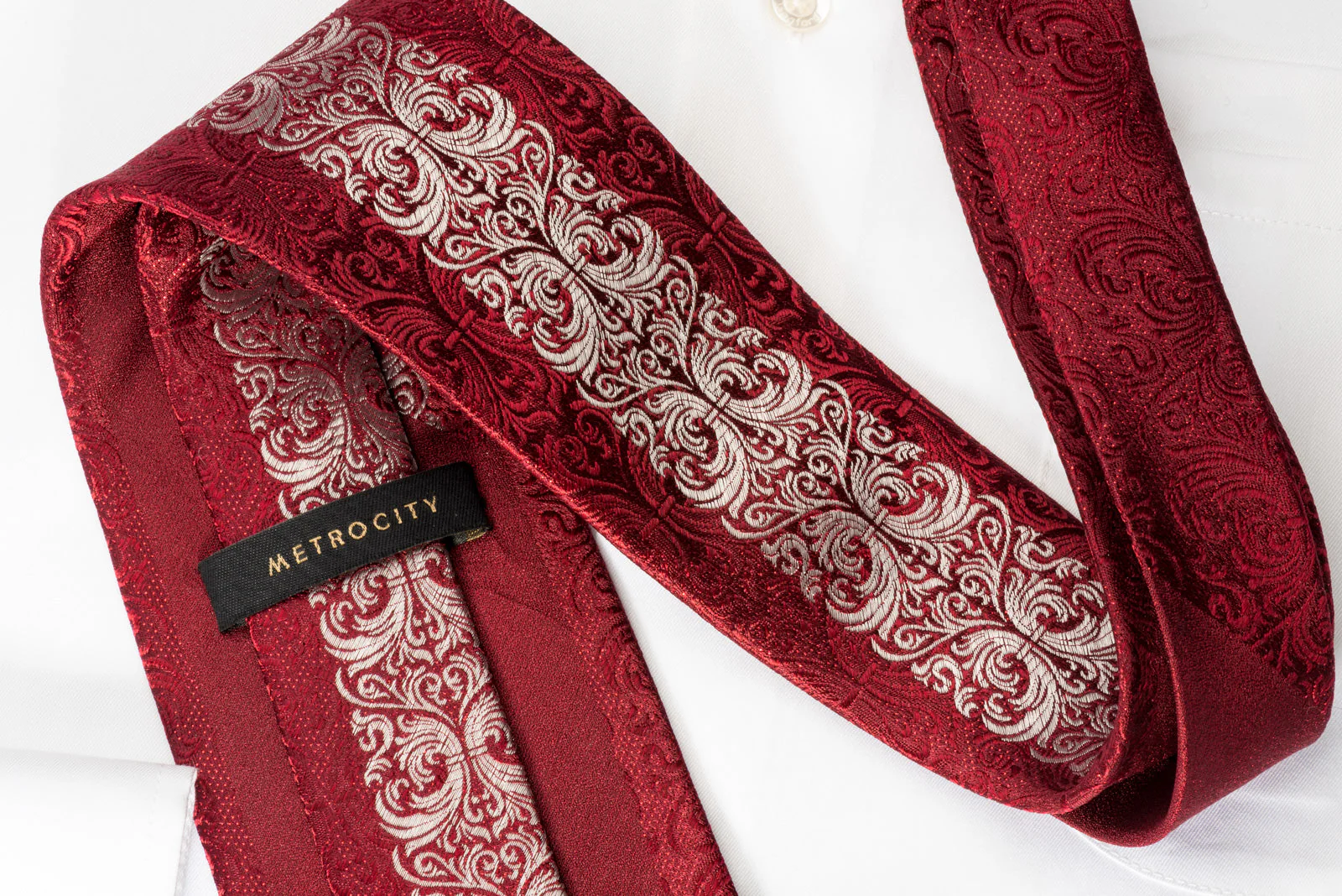 Metro City Silk Rhinestone Tie Silver Damask On Burgundy With Red Sparkles - Image 5