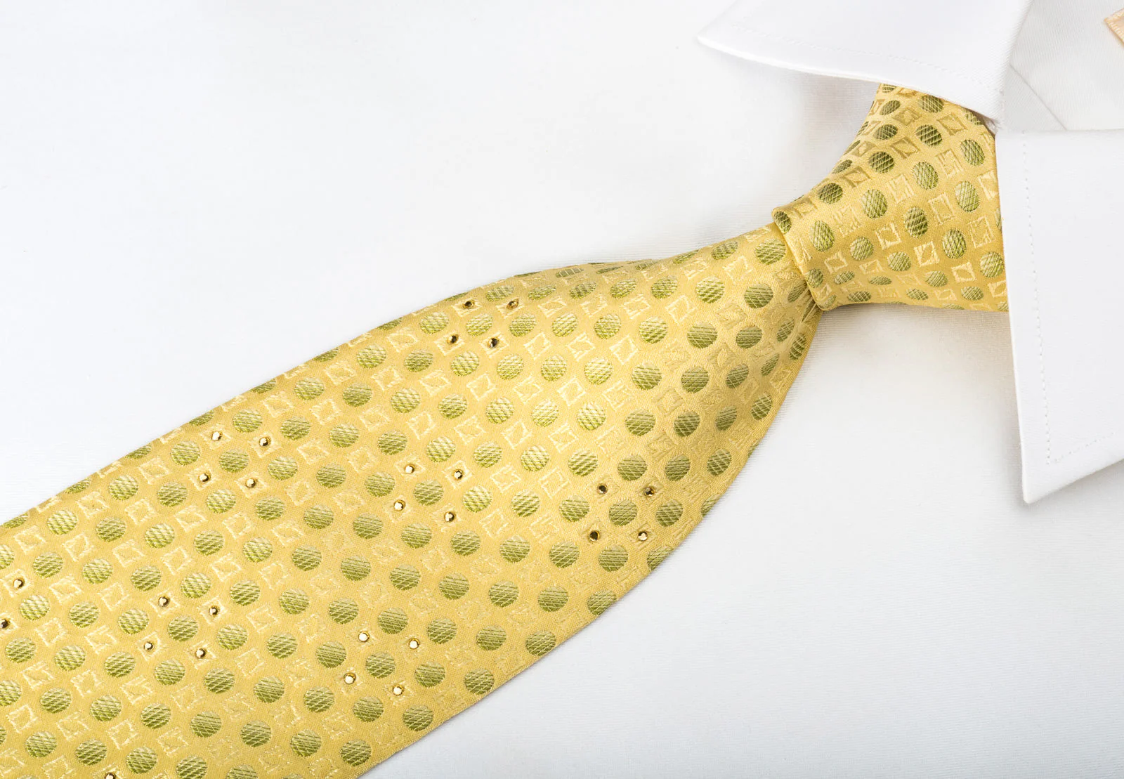Metro City Silk Tie Green Dots On Yellow With Rhinestones - Image 3
