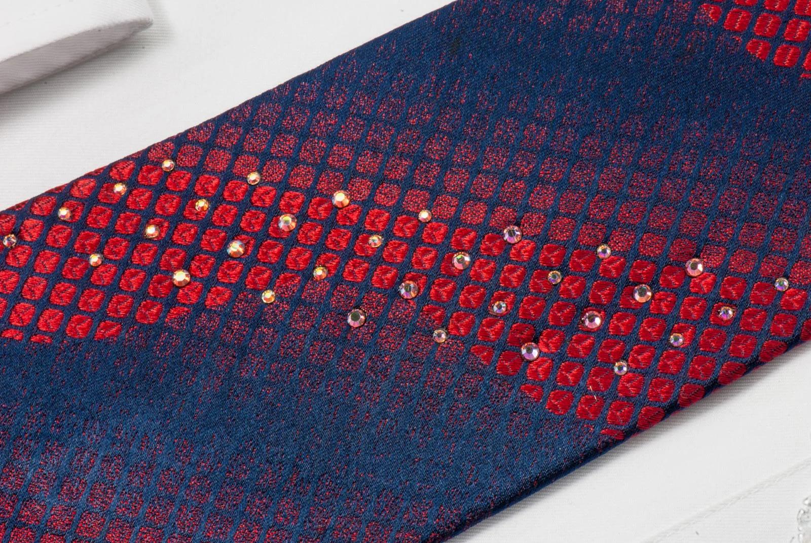 Metro City Silk Tie Red Geometric Design On Blue With Rhinestones - Image 3