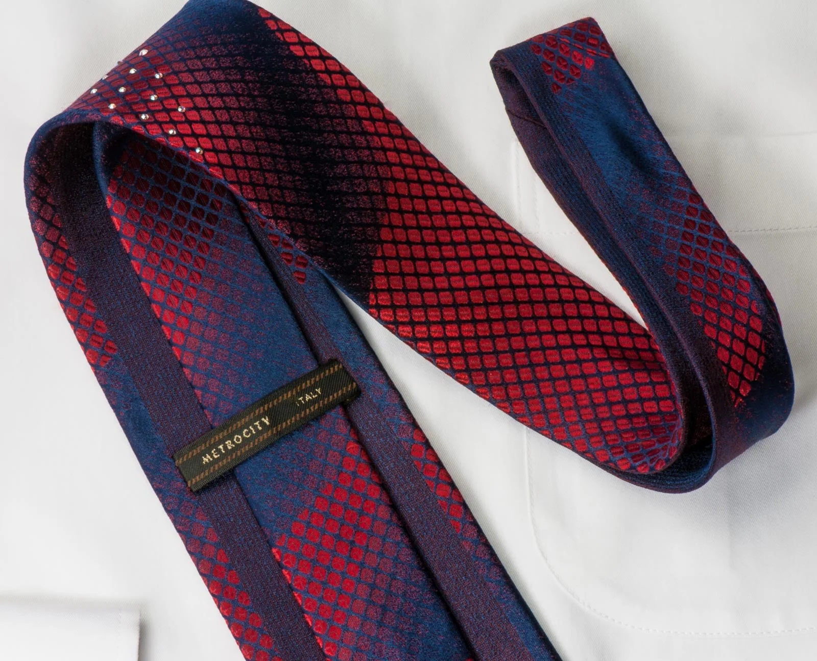 Metro City Silk Tie Red Geometric Design On Blue With Rhinestones - Image 4