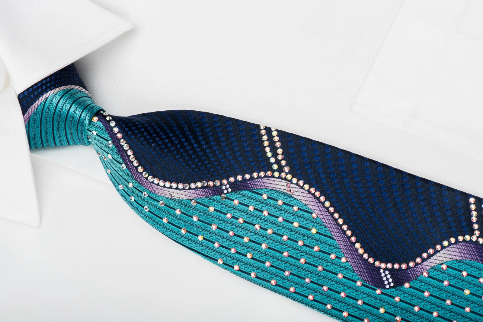 Metro City Silk Tie Wave In Teal Blue Purple Sparkling With Rhinestones - Image 2