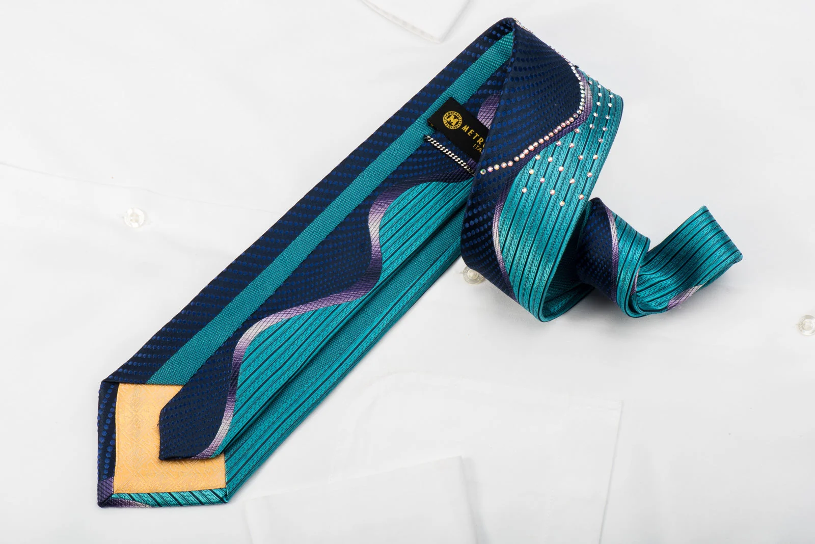 Metro City Silk Tie Wave In Teal Blue Purple Sparkling With Rhinestones - Image 5