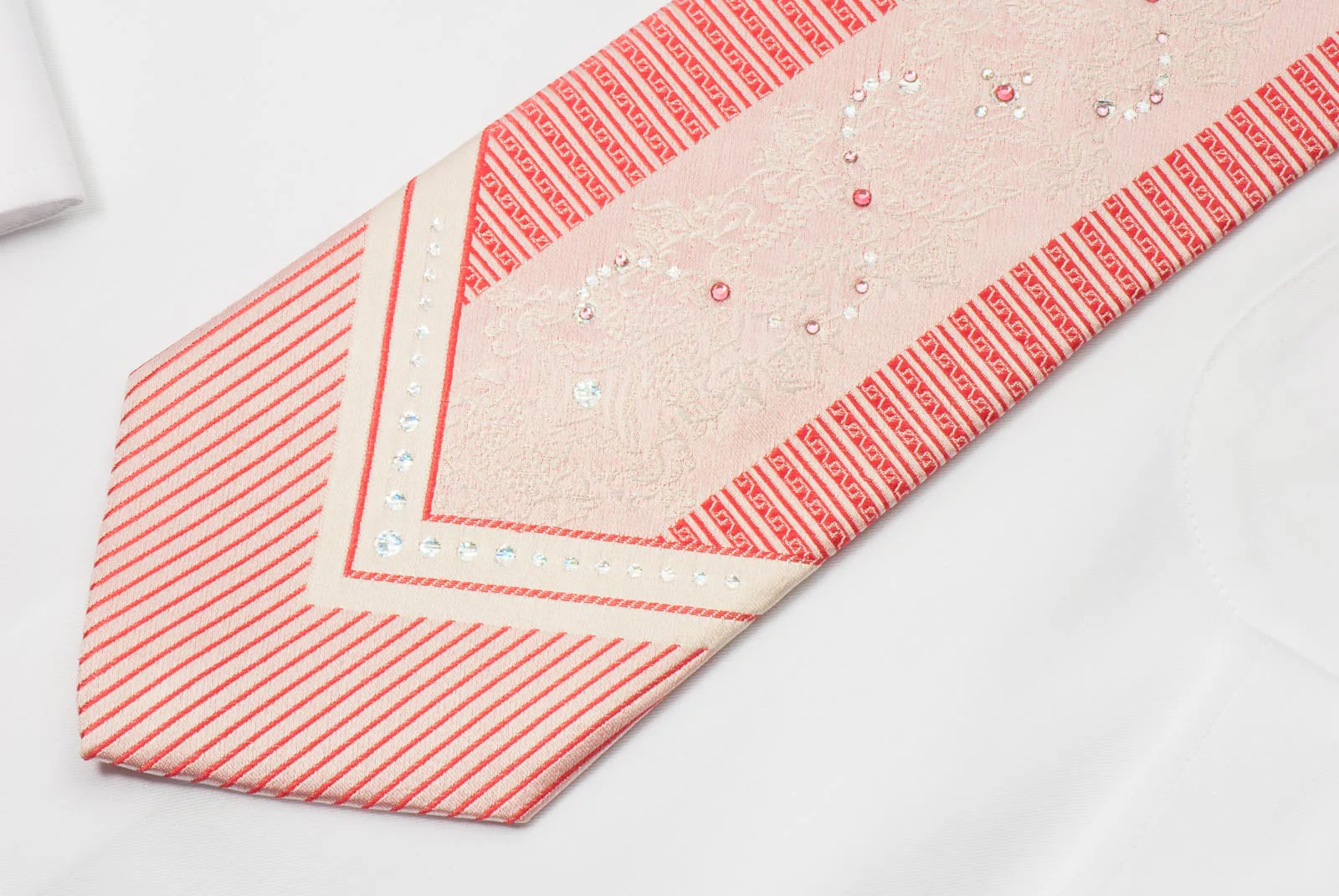 Michel Klein Men's Rhinestone Necktie White Damask On Pink With Red Stripes - Image 2