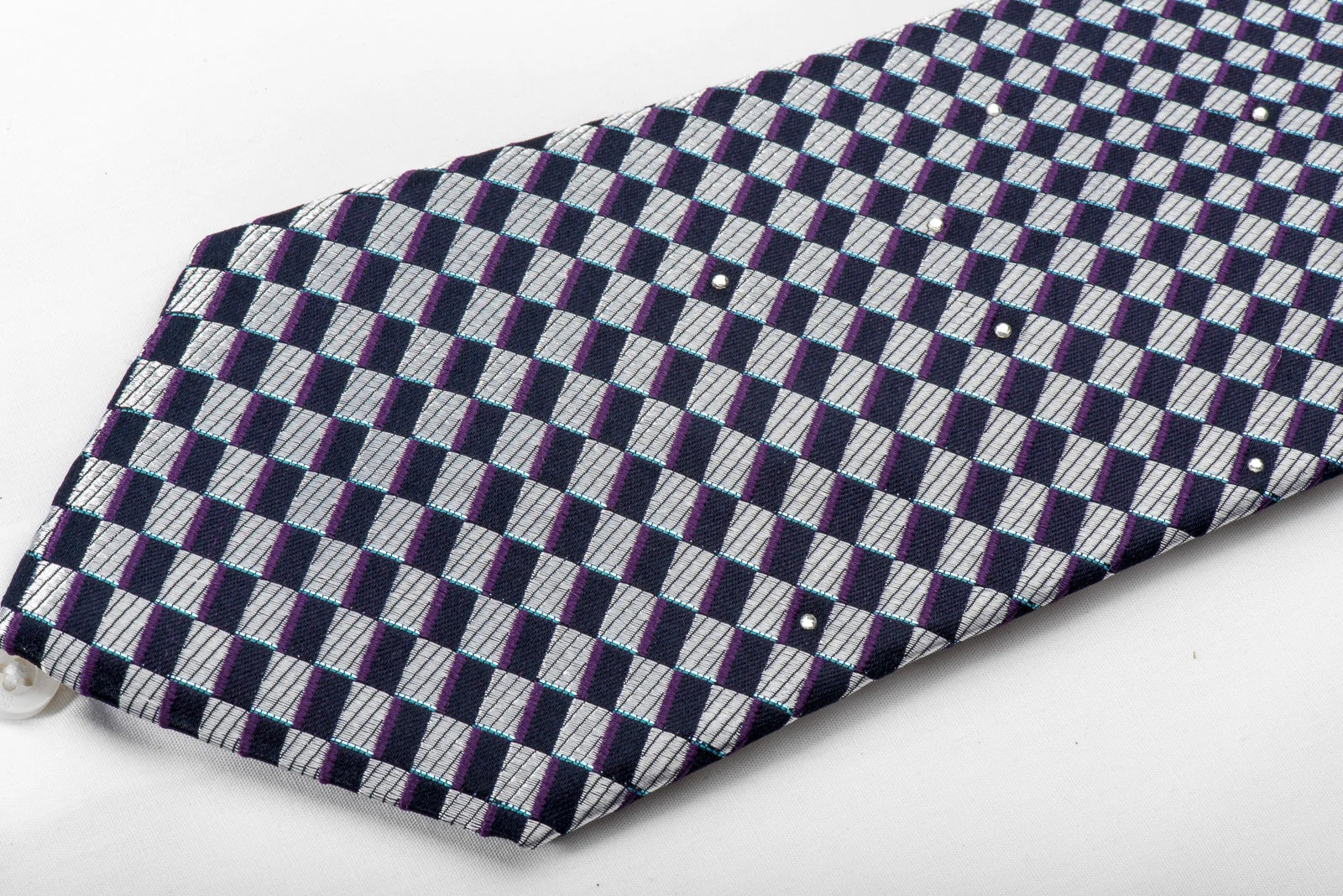 Micheal Angelo Men's Rhinestone Tie Silver Navy Blue Wave Checkered With Silver Sparkles - Image 3