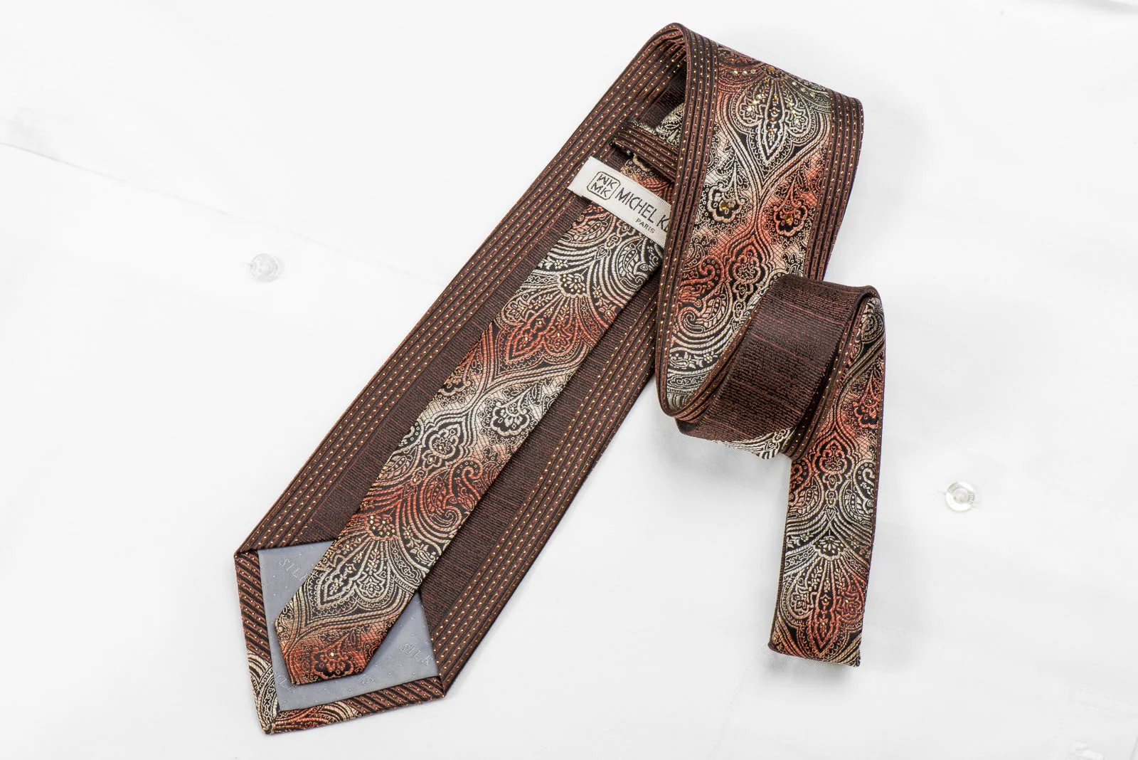 Michel Klein Men's Crystal Silk Necktie Orange Brown Damask On Black With Gold Sparkles - Image 6