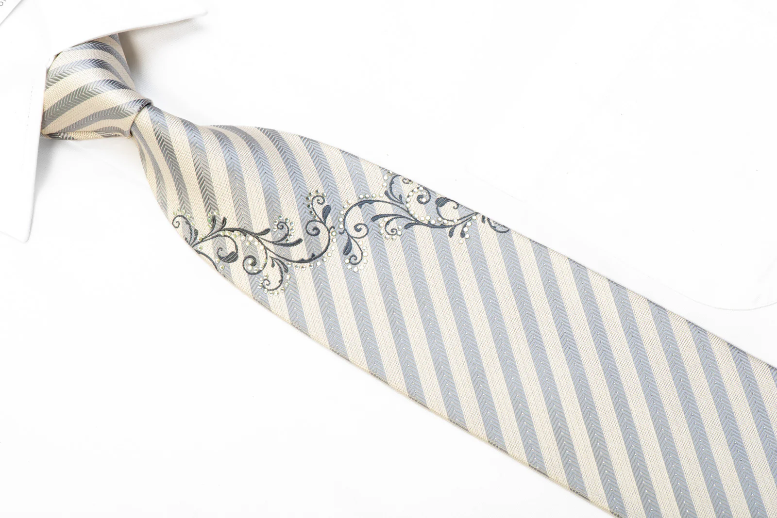 Michiko Koshino Rhinestone Necktie Silver White Striped With Scrolls Sparkles - Image 2
