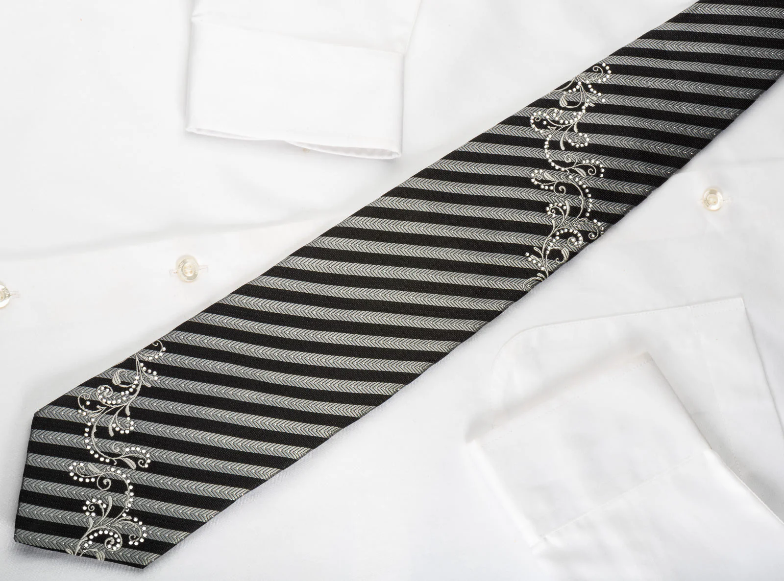 Silver Black Striped Rhinestone Silk Necktie With Silver Sparkles - Image 6