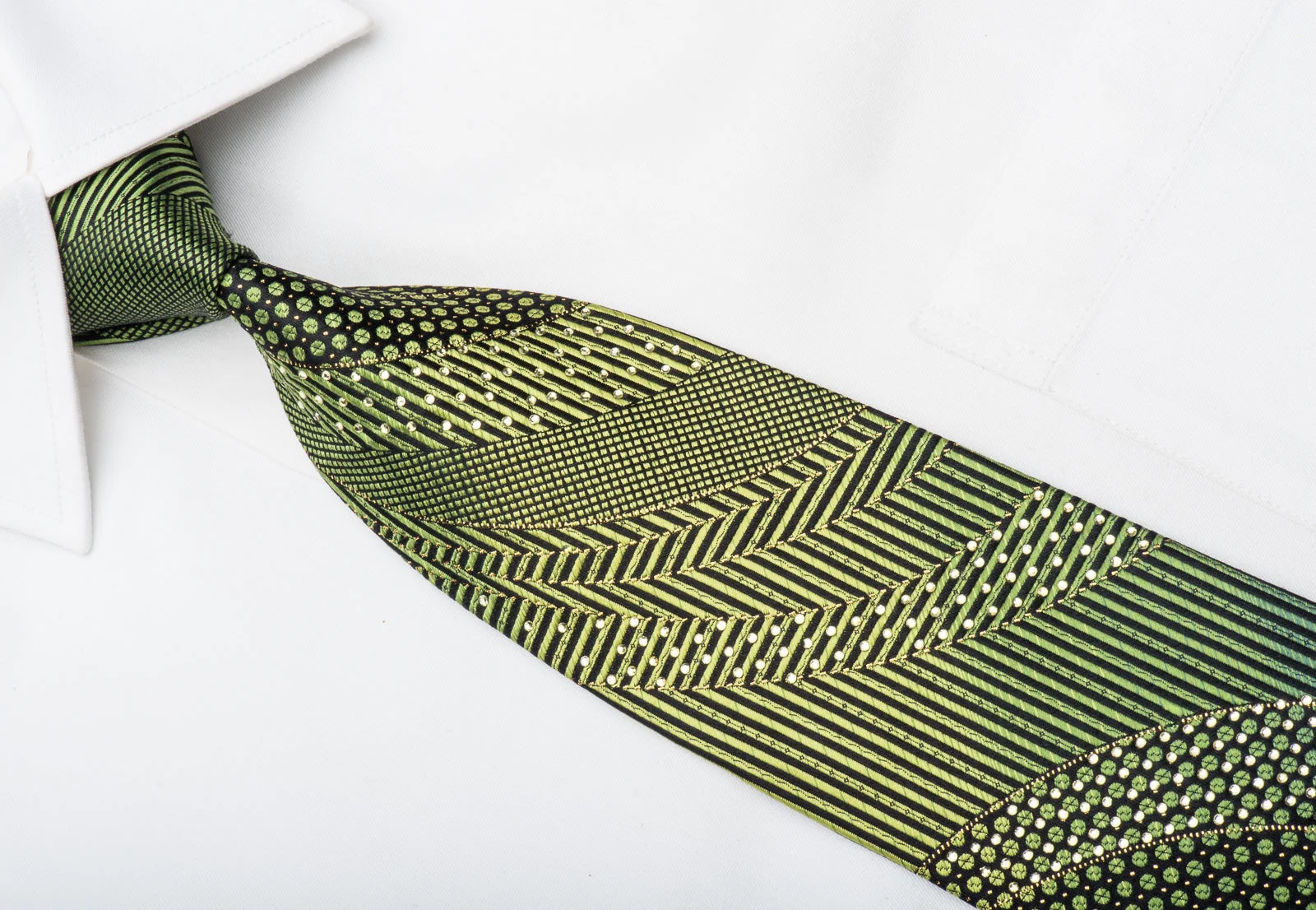 Michiko Men's Rhinestone Necktie Green Geometric On Black With Gold Sparkles - Image 2