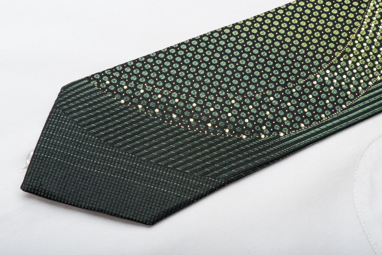 Michiko Men's Rhinestone Necktie Green Geometric On Black With Gold Sparkles - Image 3