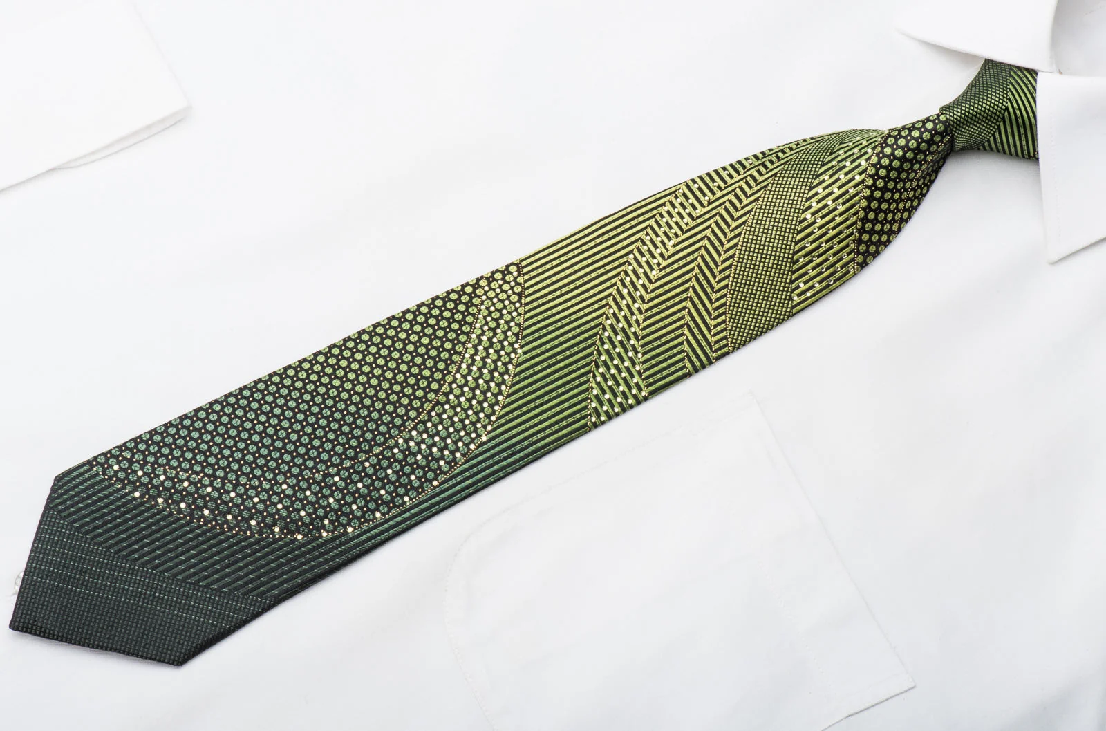 Michiko Men's Rhinestone Necktie Green Geometric On Black With Gold Sparkles - Image 4