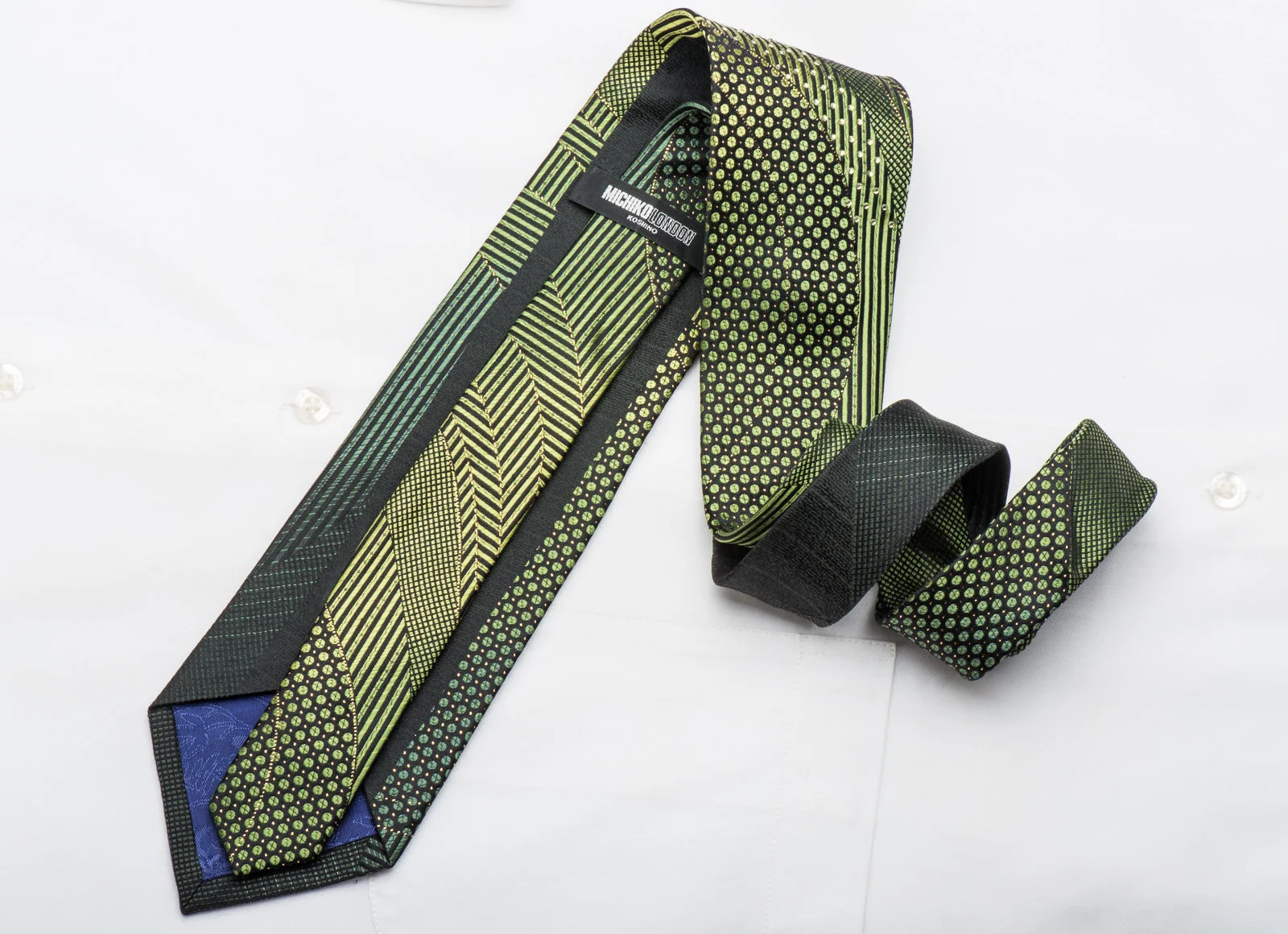 Michiko Men's Rhinestone Necktie Green Geometric On Black With Gold Sparkles - Image 5