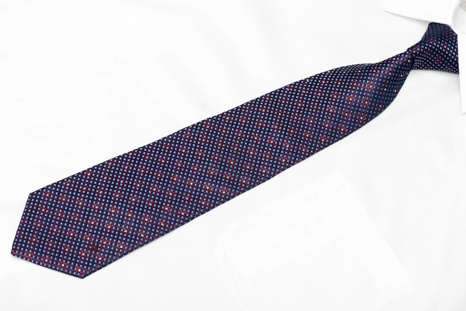 Micro Checkered On Navy Rhinestone Silk Necktie With Purple Sparkles - Image 2