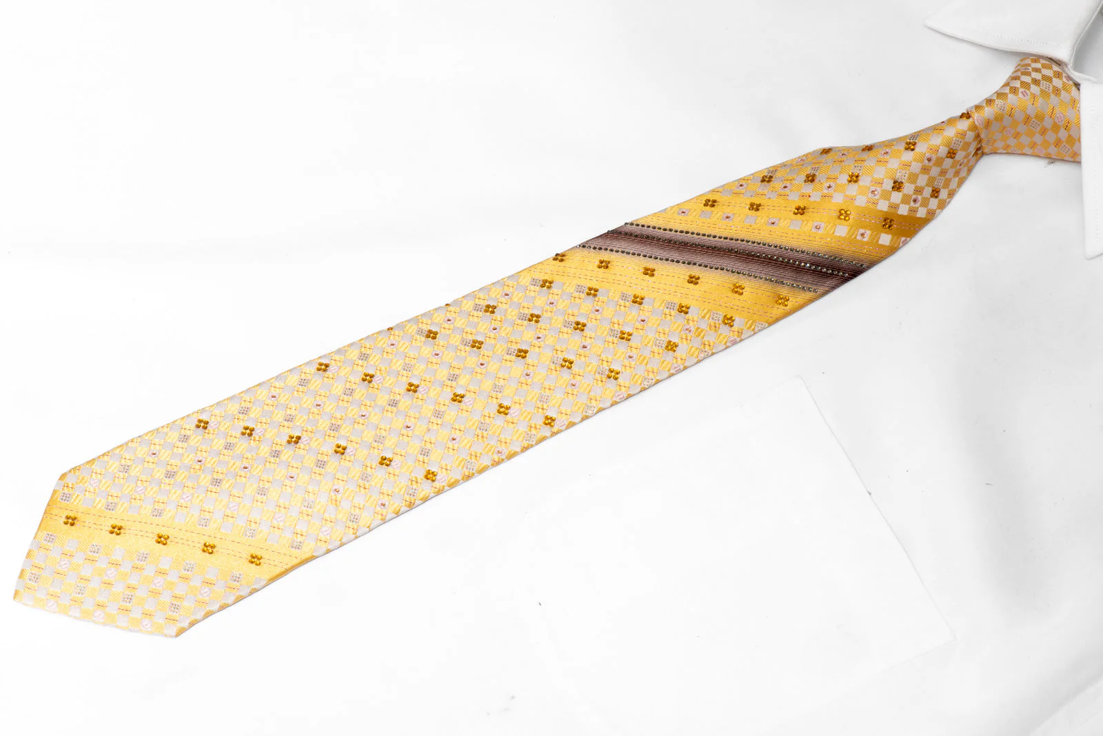Radiant Elegance Rhinestone Silk Necktie - Yellow Gold with Silver Sparkles - Image 2