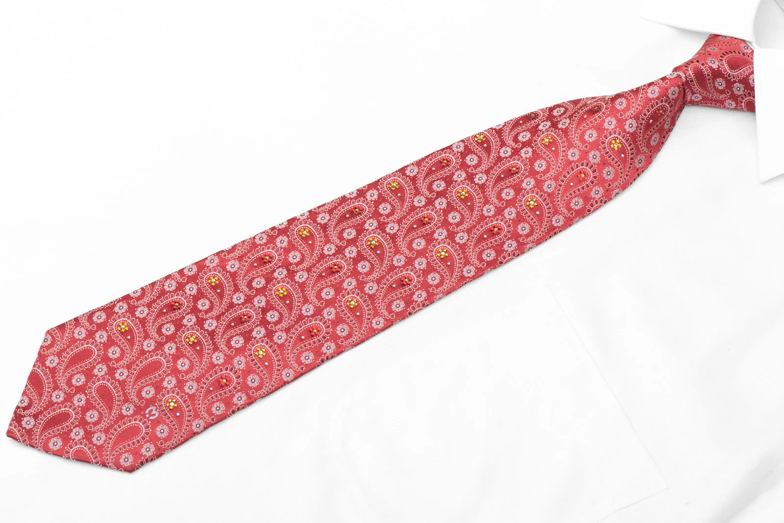 Paisley & Floral On Red Rhinestone Silk Necktie With Silver Sparkles - Image 3