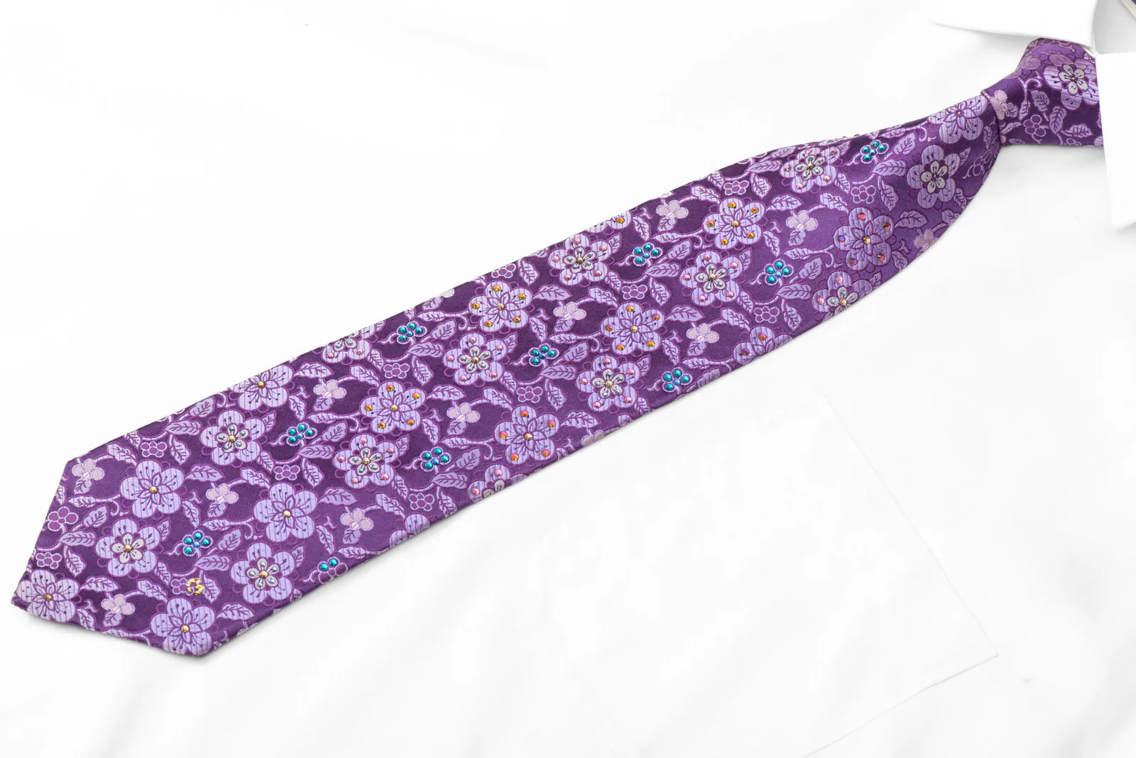 Floral On Purple Rhinestone Silk Necktie - Image 4