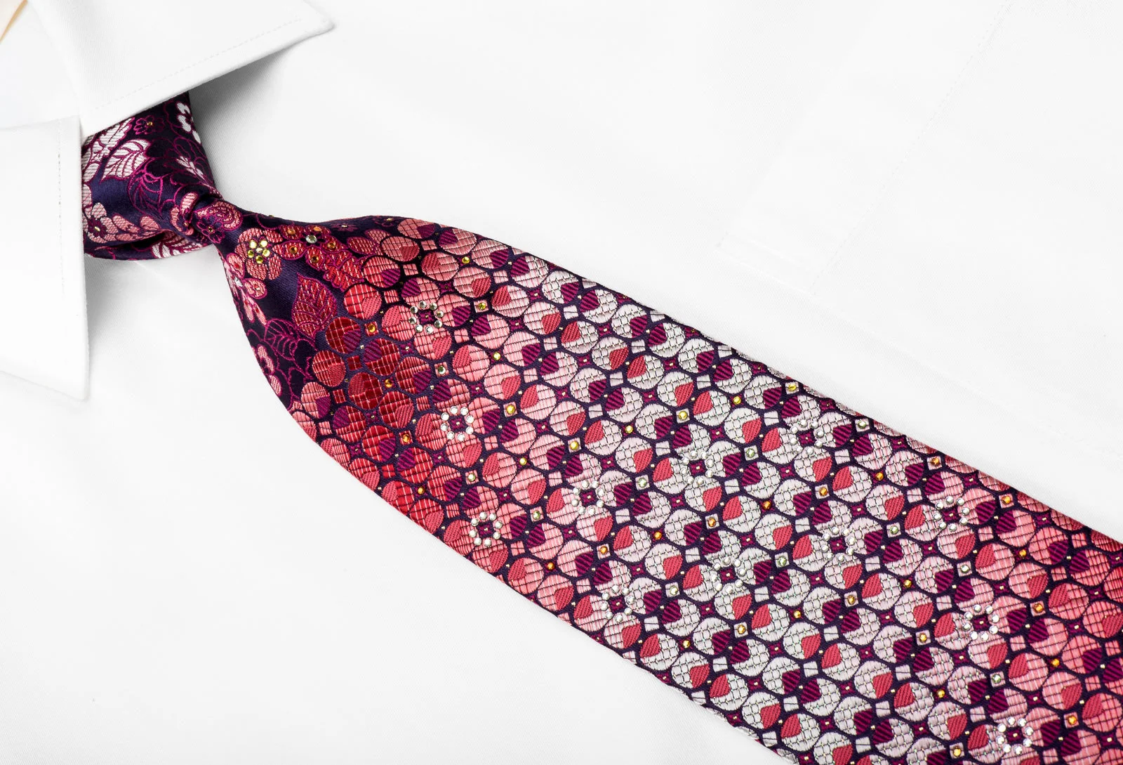Mila Schon Men's Crystal Rhinestone Necktie Red Floral & Geometric On Purple With Silver Sparkles - Image 2