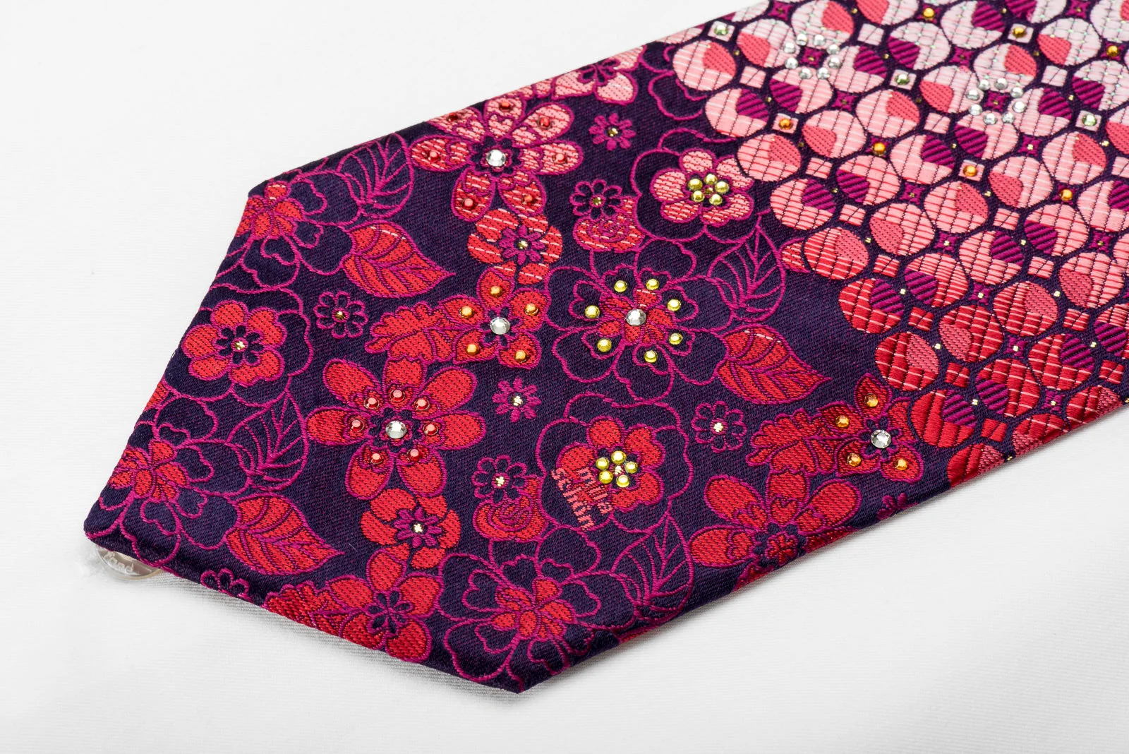Mila Schon Men's Crystal Rhinestone Necktie Red Floral & Geometric On Purple With Silver Sparkles - Image 3