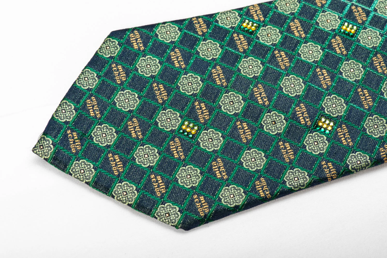 Mila Schon Men's Crystal Rhinestone Silk Necktie Checkered On Green With Sparkles - Image 3