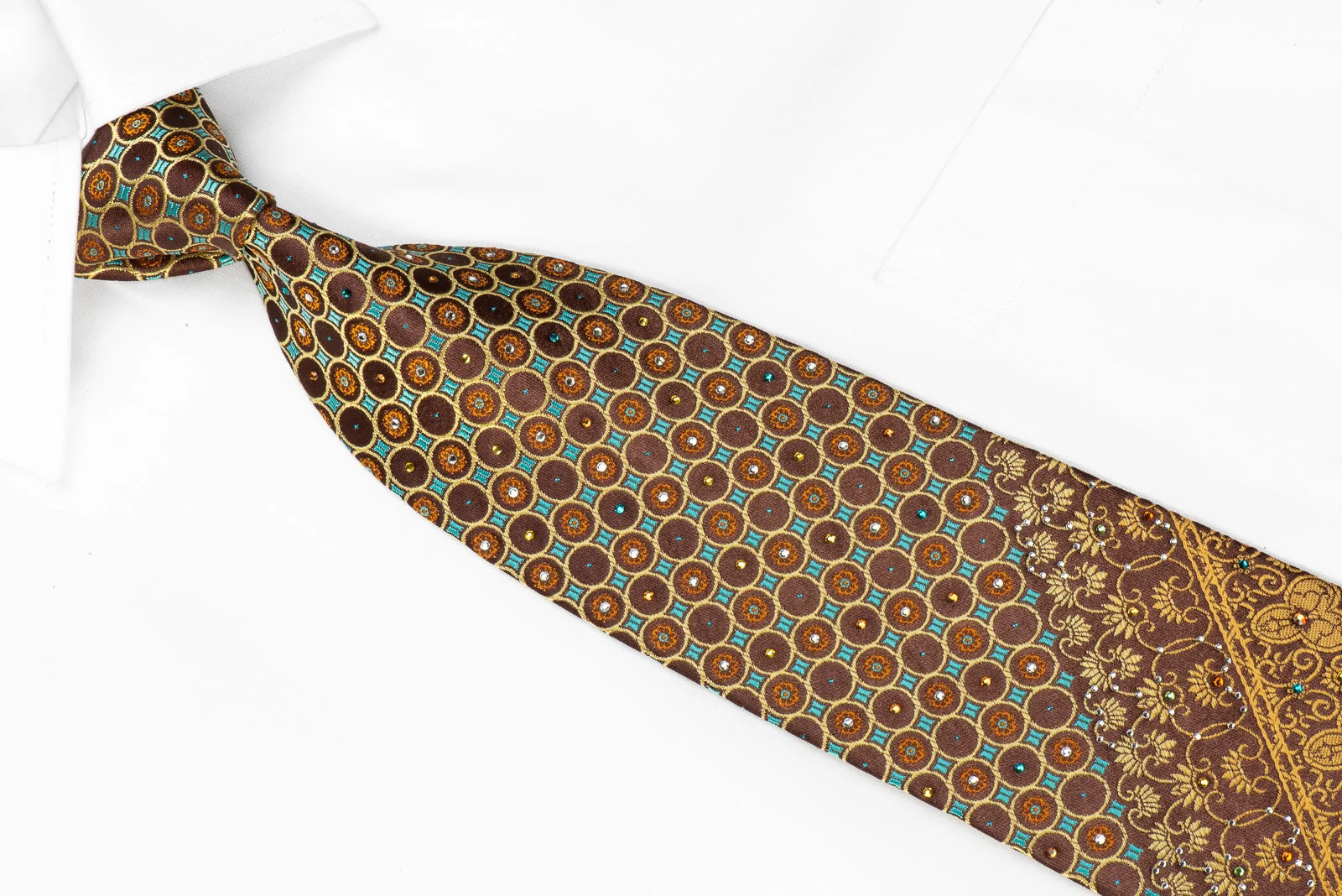 Men's Crystal Rhinestone Silk Necktie Orange Cartouche Geometric On Brown With Sparkles - Image 2