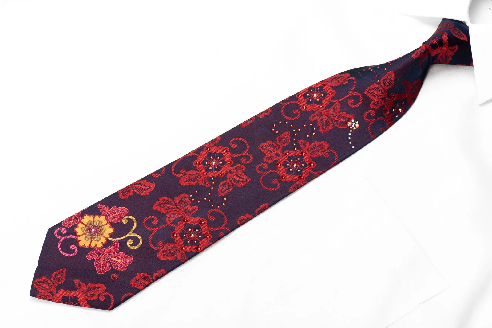 Mila Schon Men's Crystal Silk Necktie Red Floral On Navy Sparkling With Rhinestones - Image 3