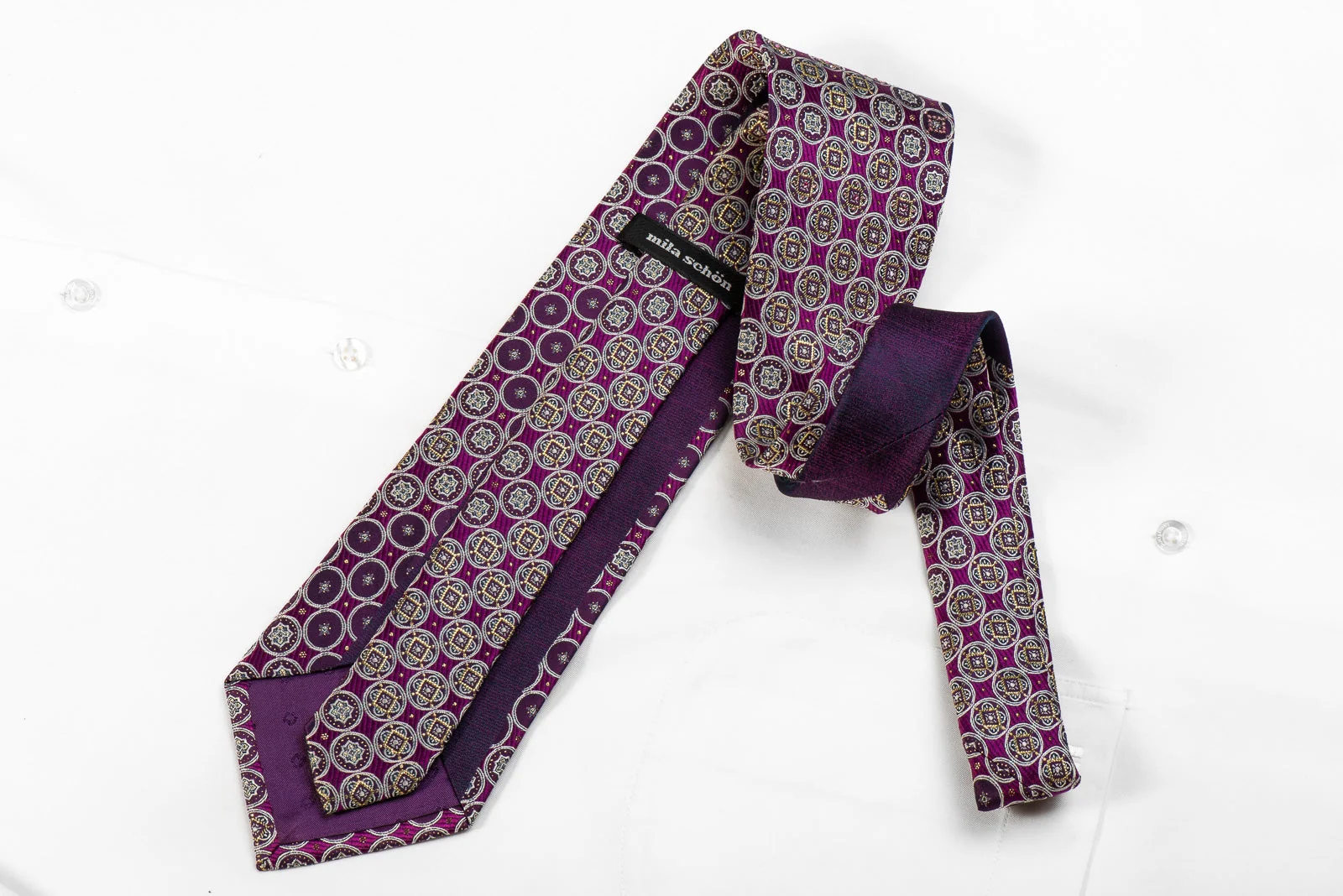 Mila Schon Men's Crystal Silk Necktie Silver Gold Medallions On Purple With Sparkles - Image 5